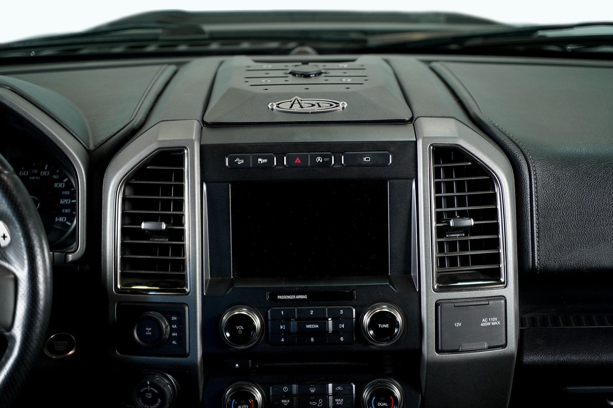 Interior view with the 2017-2020 Ford F-150 & F-150 Raptor Digital Device Dash Mount installed.