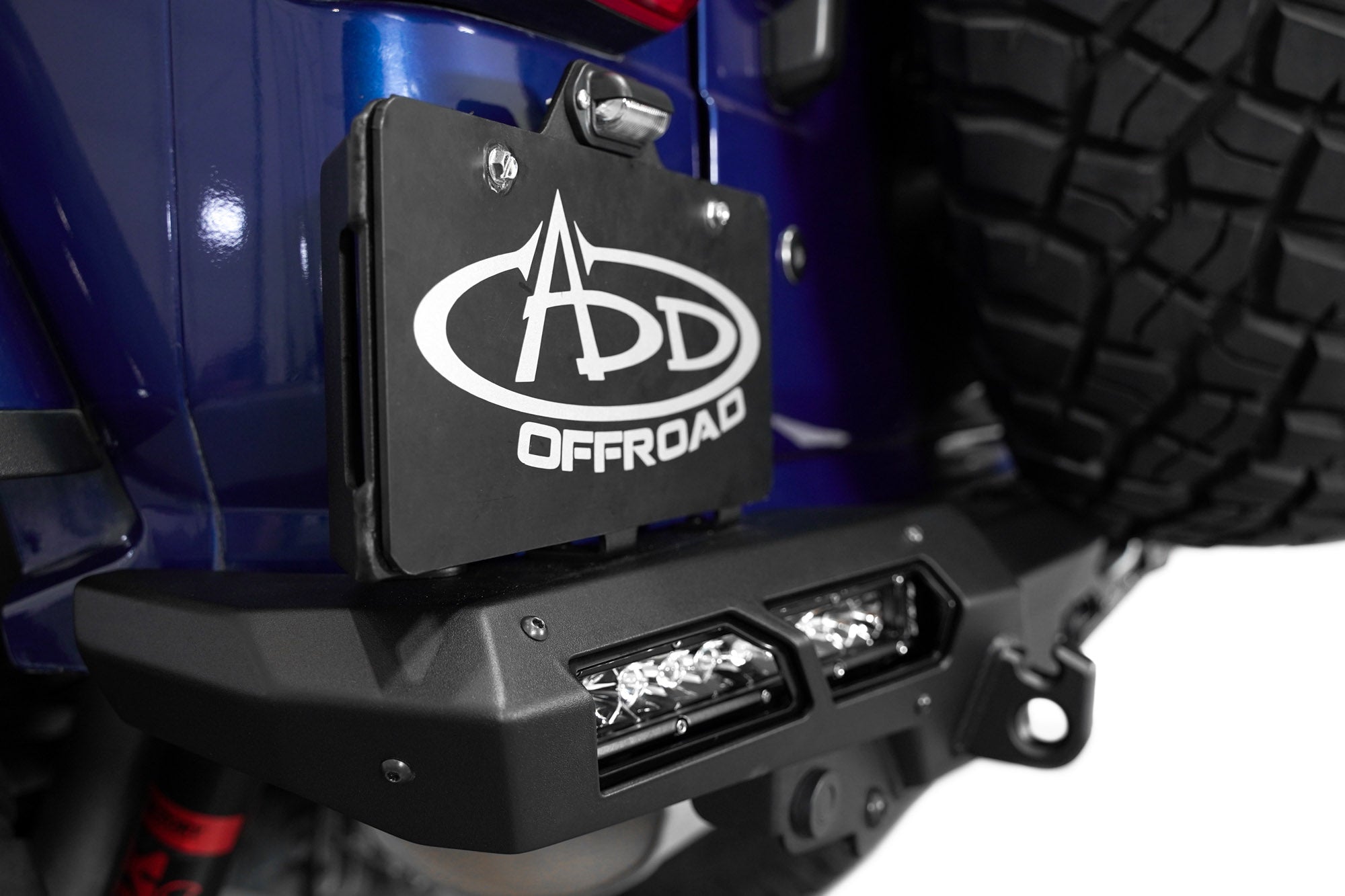 License plate bracket and lighting on the Phantom Rear Bumper for the 2018-2024 Jeep Wrangler JL