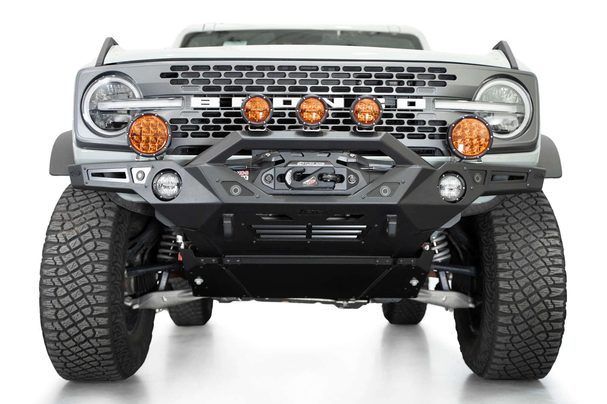 Front profile of the 2021-2023 Ford Bronco Krawler Front Bumper with amber lights