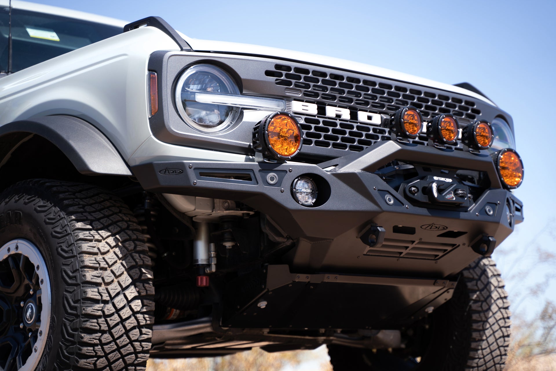 On the trail with the 2021-2023 Ford Bronco Krawler Front Bumper - Amber lights & Skid Plate