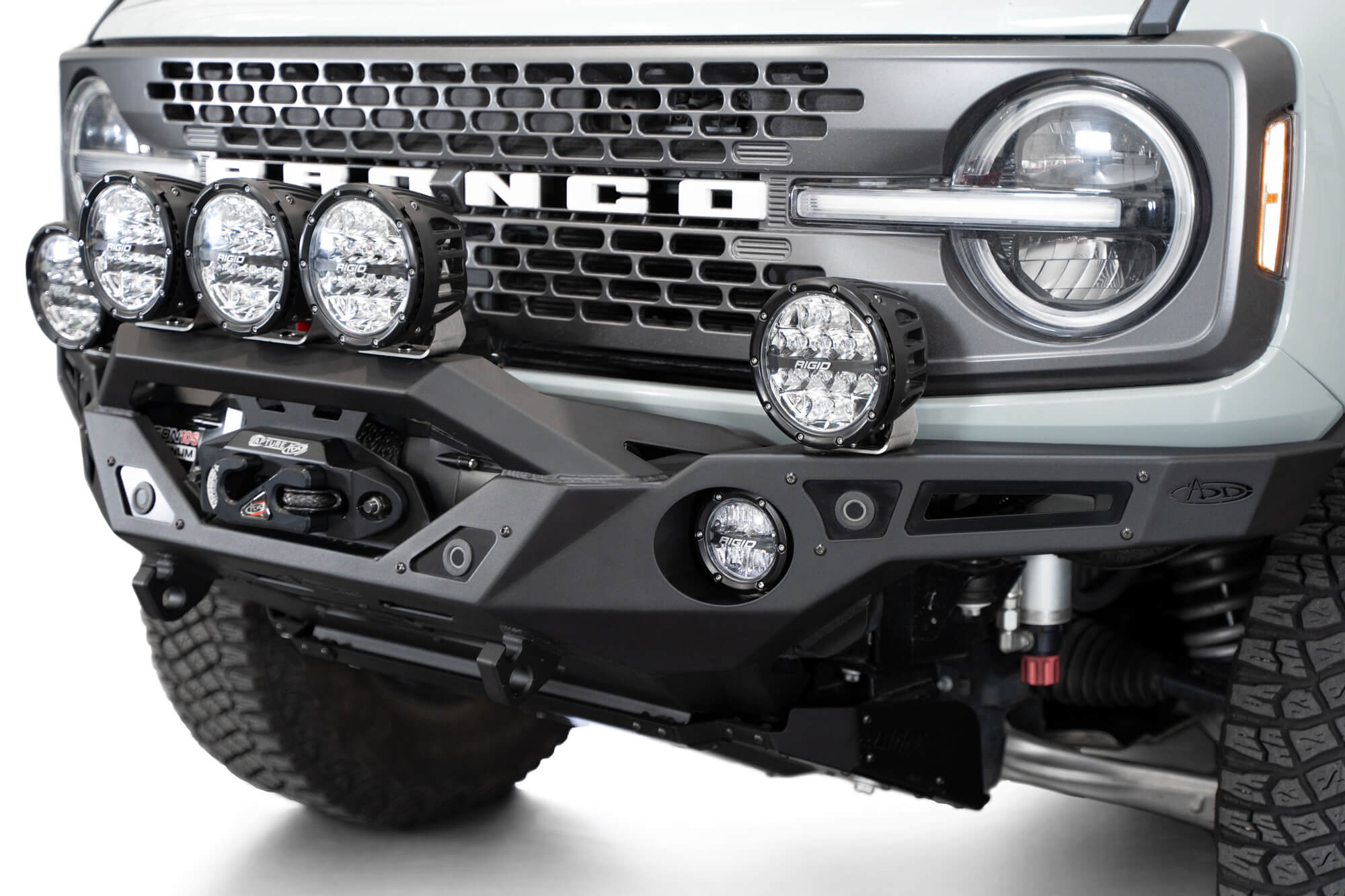 2021-2023 Ford Bronco Krawler Front Bumper with clear pod lights mounted on top mounting points