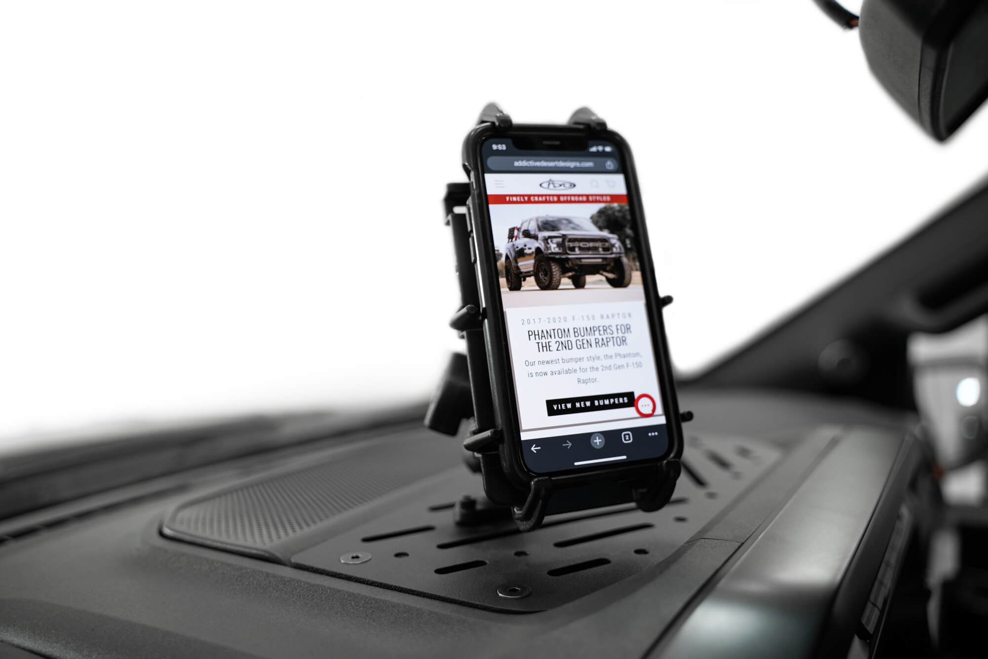 iPhone mounted on RAM mount to the 2021-2023 Ford F-150 & Raptor Digital Device Dash Mount
