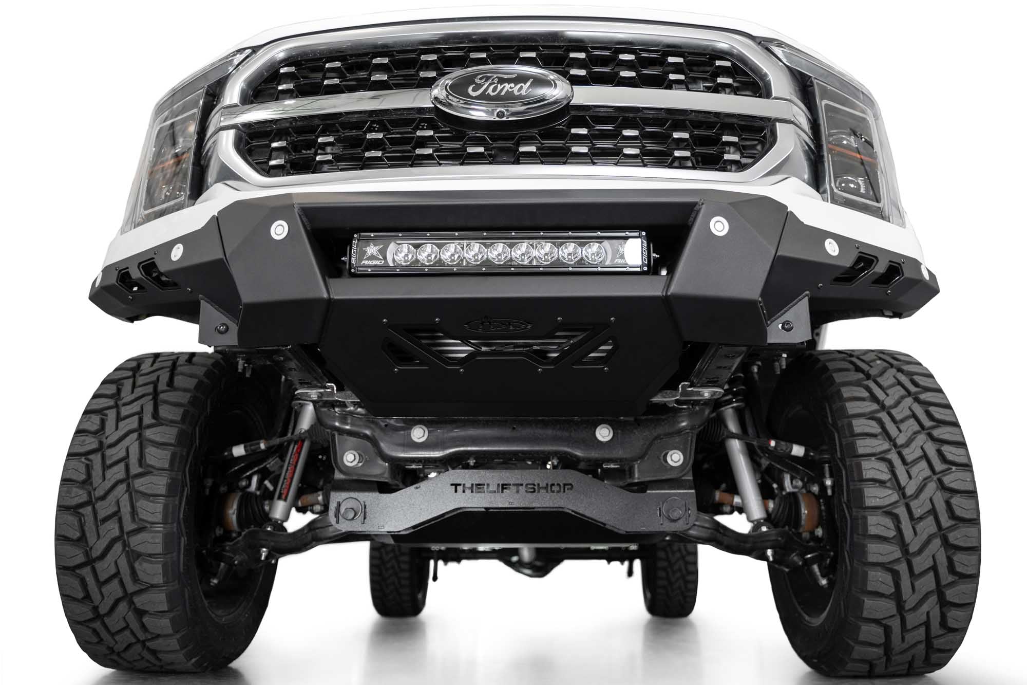Ground level angle of Black Label Front Bumper for the 2021-2024 Ford F-150