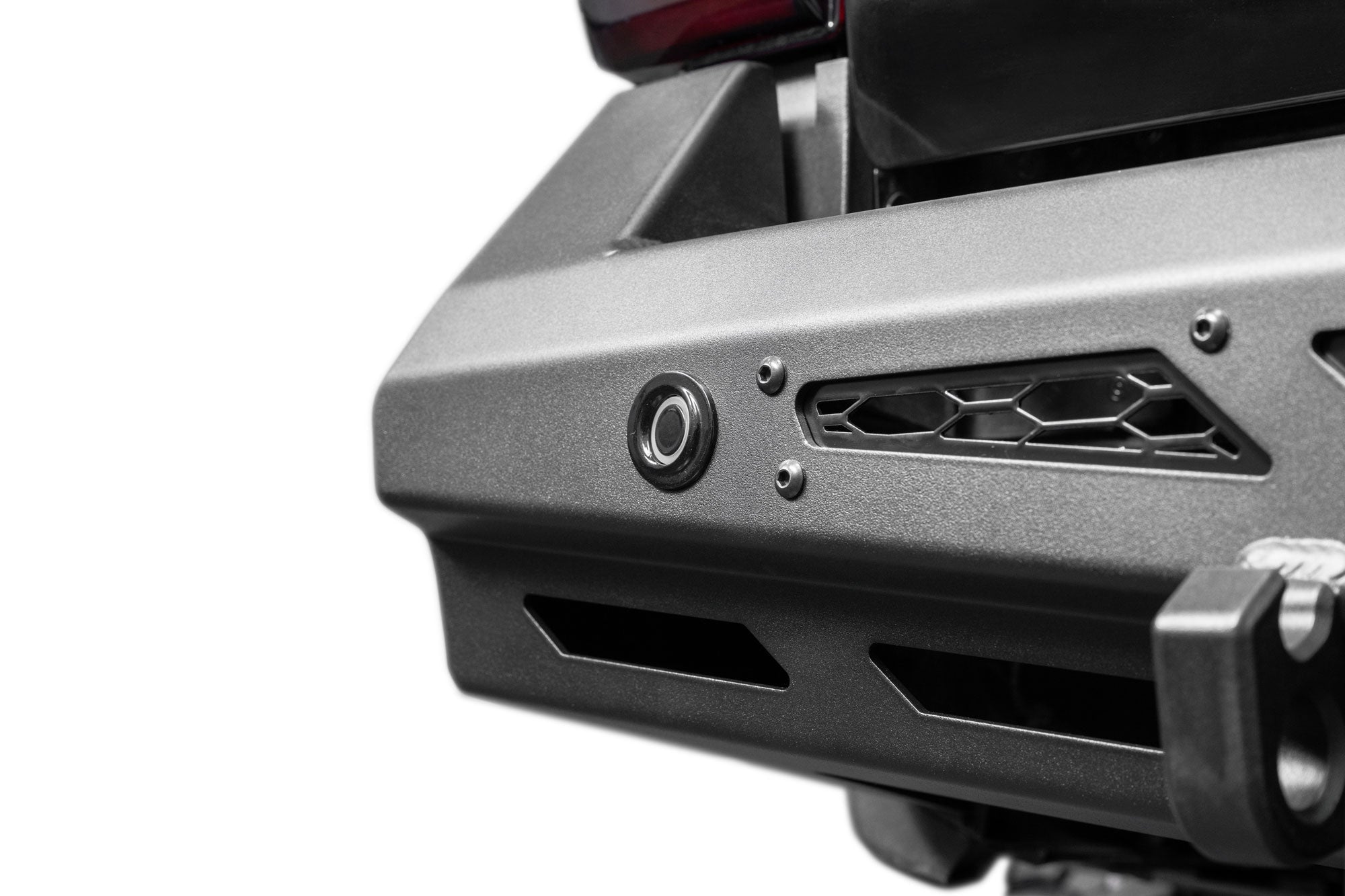 Sensor and accent panel on the Stealth Fighter Rear Bumper for 2023-2026 Ford Super Duty, detailed macro shot.
