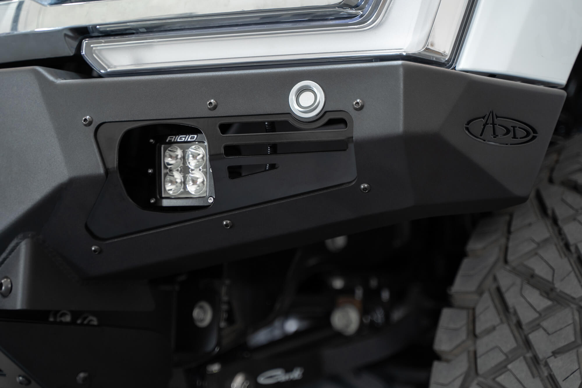 2023 Ford Super Duty Bomber Front Bumper with Rigid Industries Lights retains Factory Parking Sensors