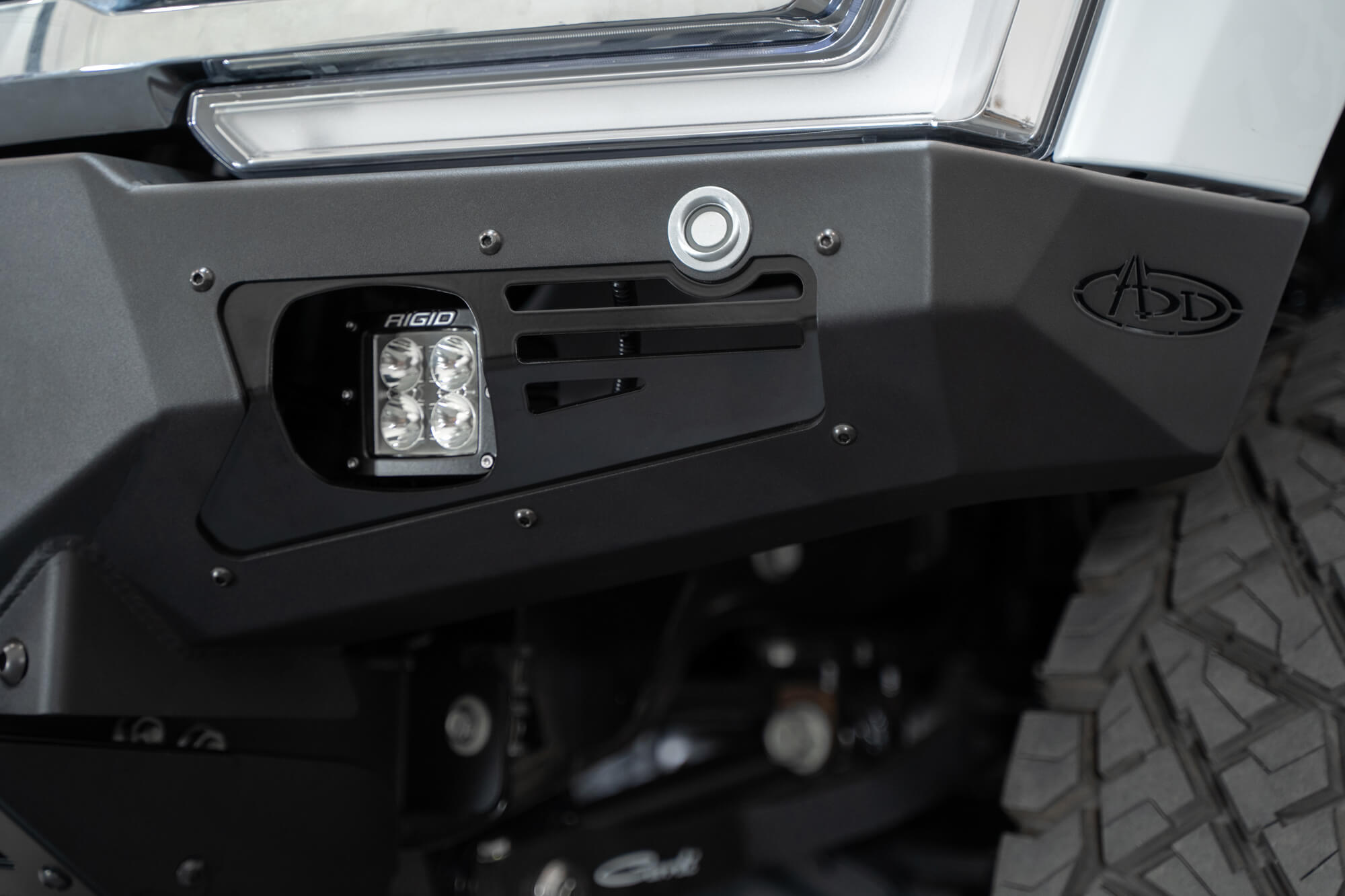 2023 Ford Super Duty Bomber Front Bumper with Rigid Industries Lights retains Factory Parking Sensors