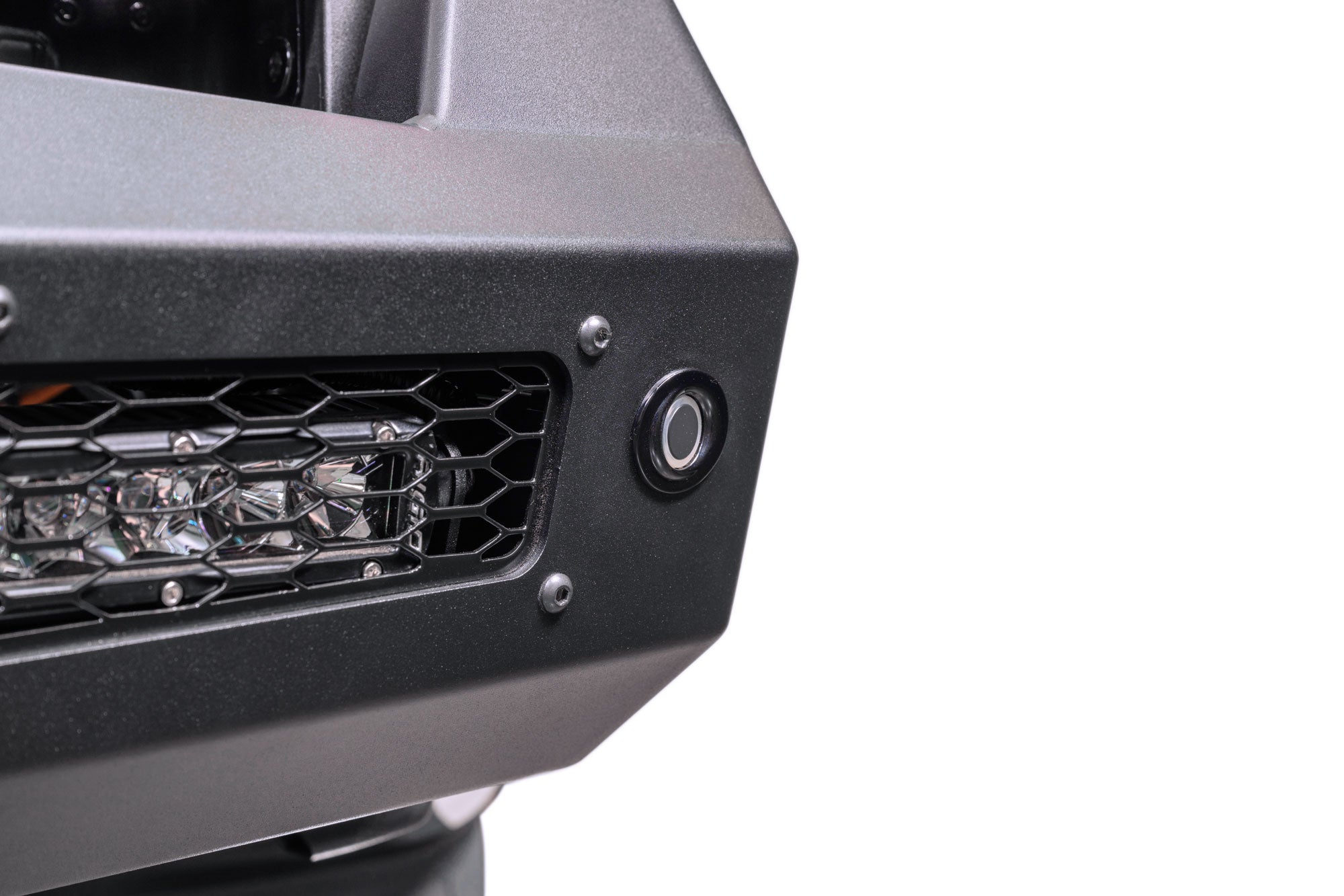 The 2023+ Ford Super Duty Honeybadger Rear Bumper retains factory sensors