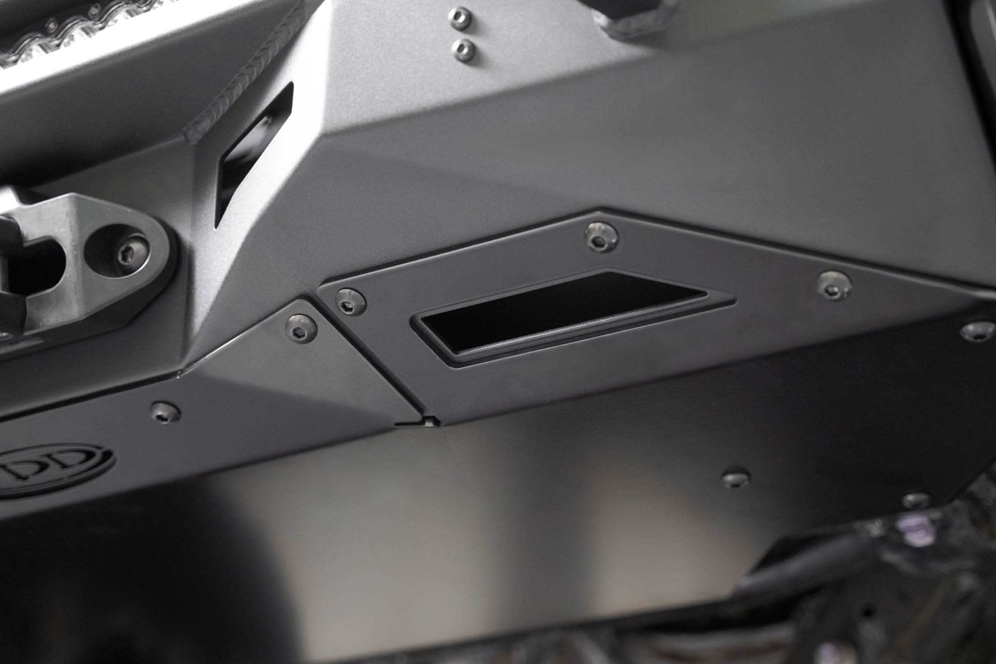 Close-up view of the skid plate for the Stealth Center Mount Front Bumper w Top Hoop for the 3rd Gen Toyota Tundra