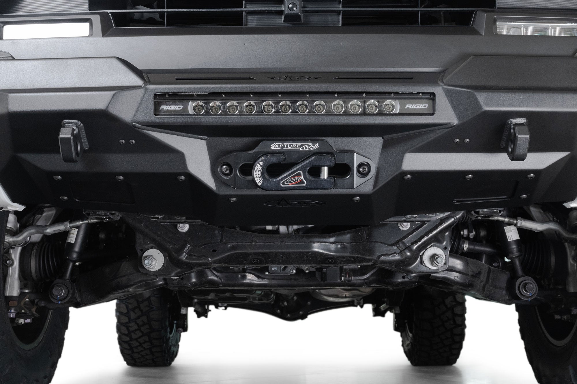 Close-up of 2025 Toyota 4Runner Stealth Center Mount Front Bumper with Top Hoop on a white background