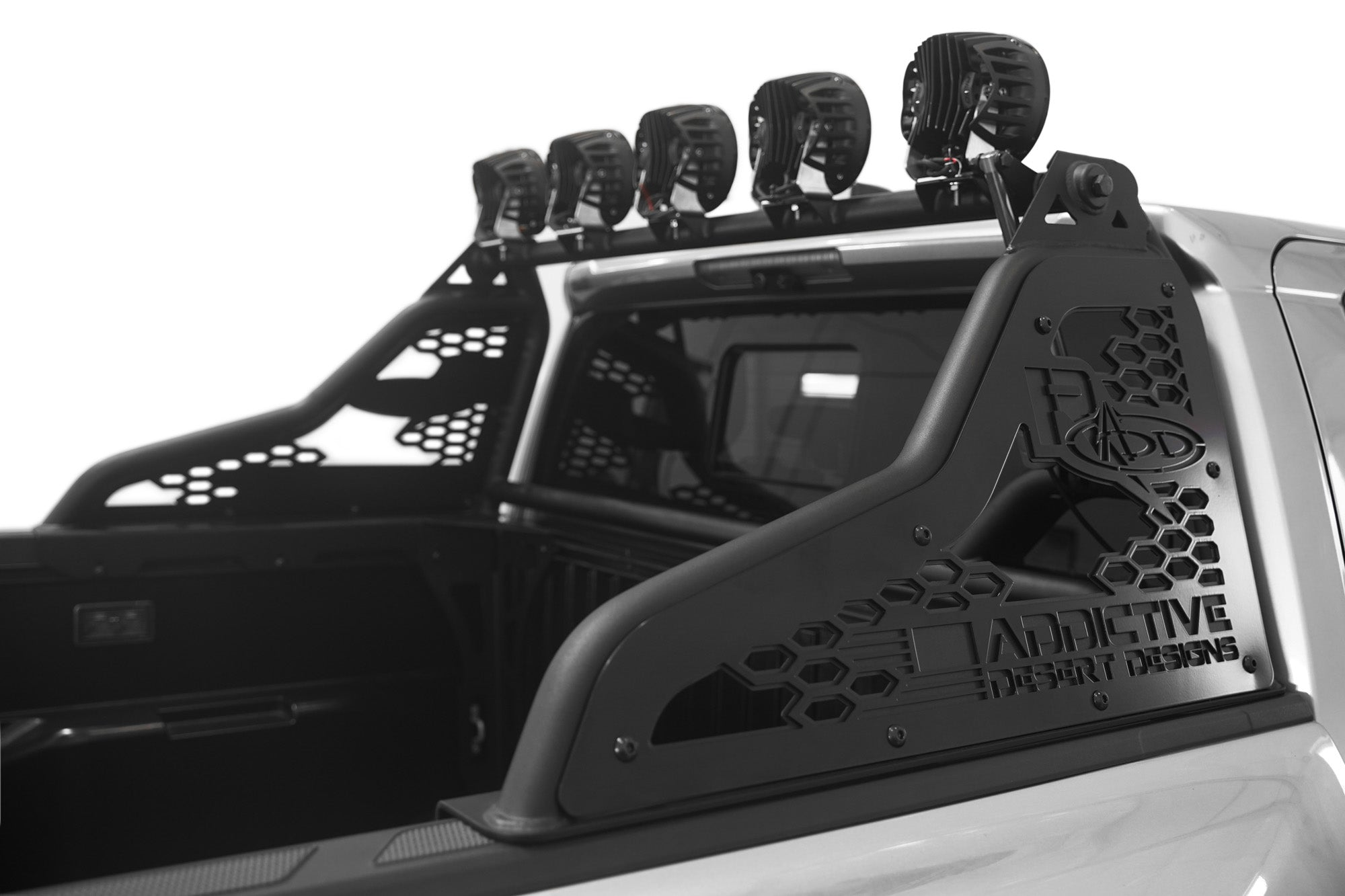 Close up of the 5 round lights on the Race Series Chase Rack for the 2024+ Toyota Tacoma