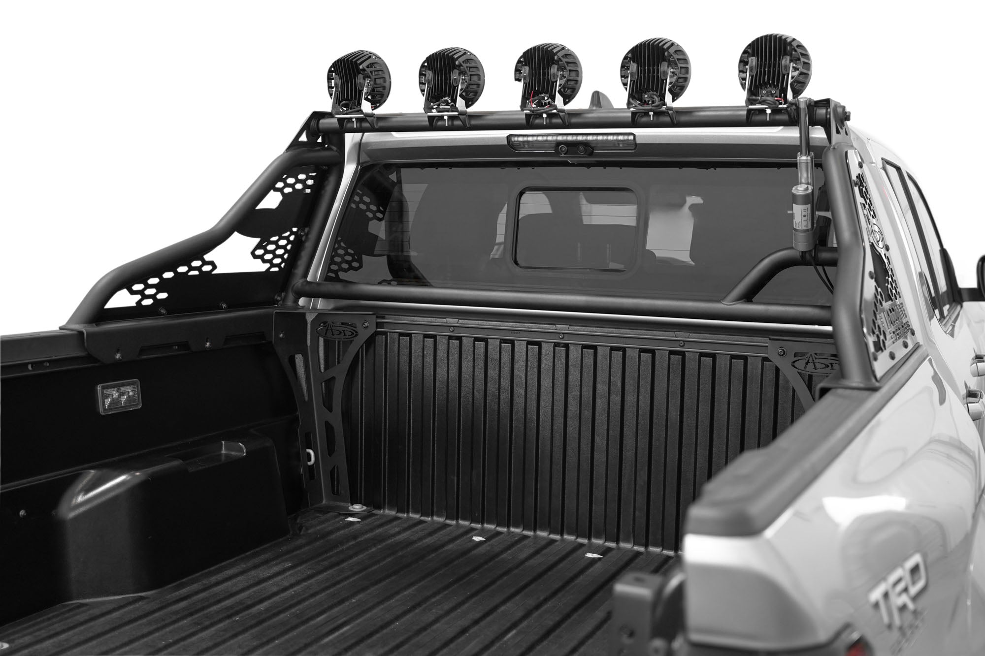 Bed View of the 5 round lights on the Race Series Chase Rack for the 2024+ Toyota Tacoma