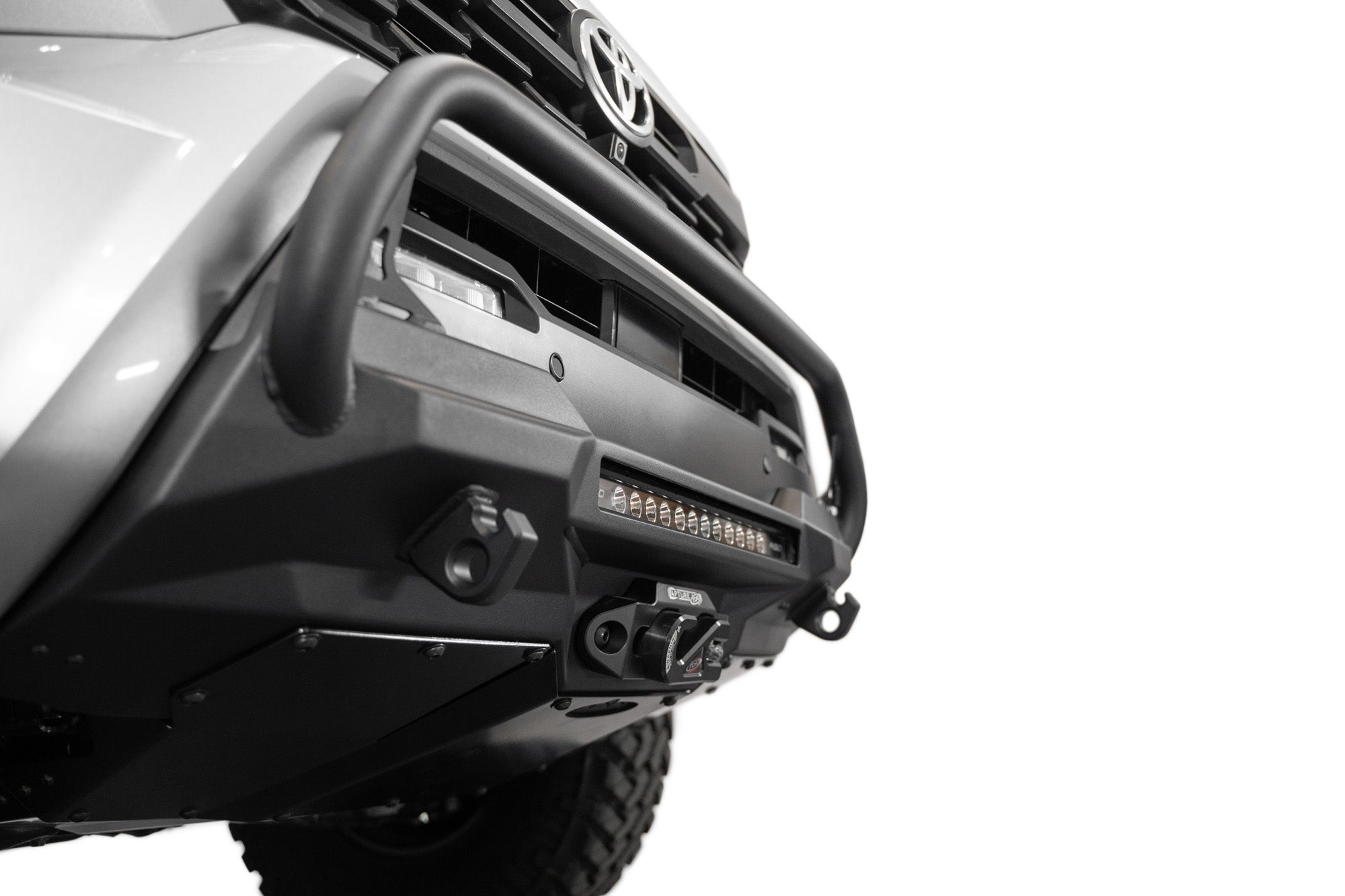 Close up of Stealth Center Mount Winch Front Bumper with Top Hoop for the 4th Gen Toyota Tacoma