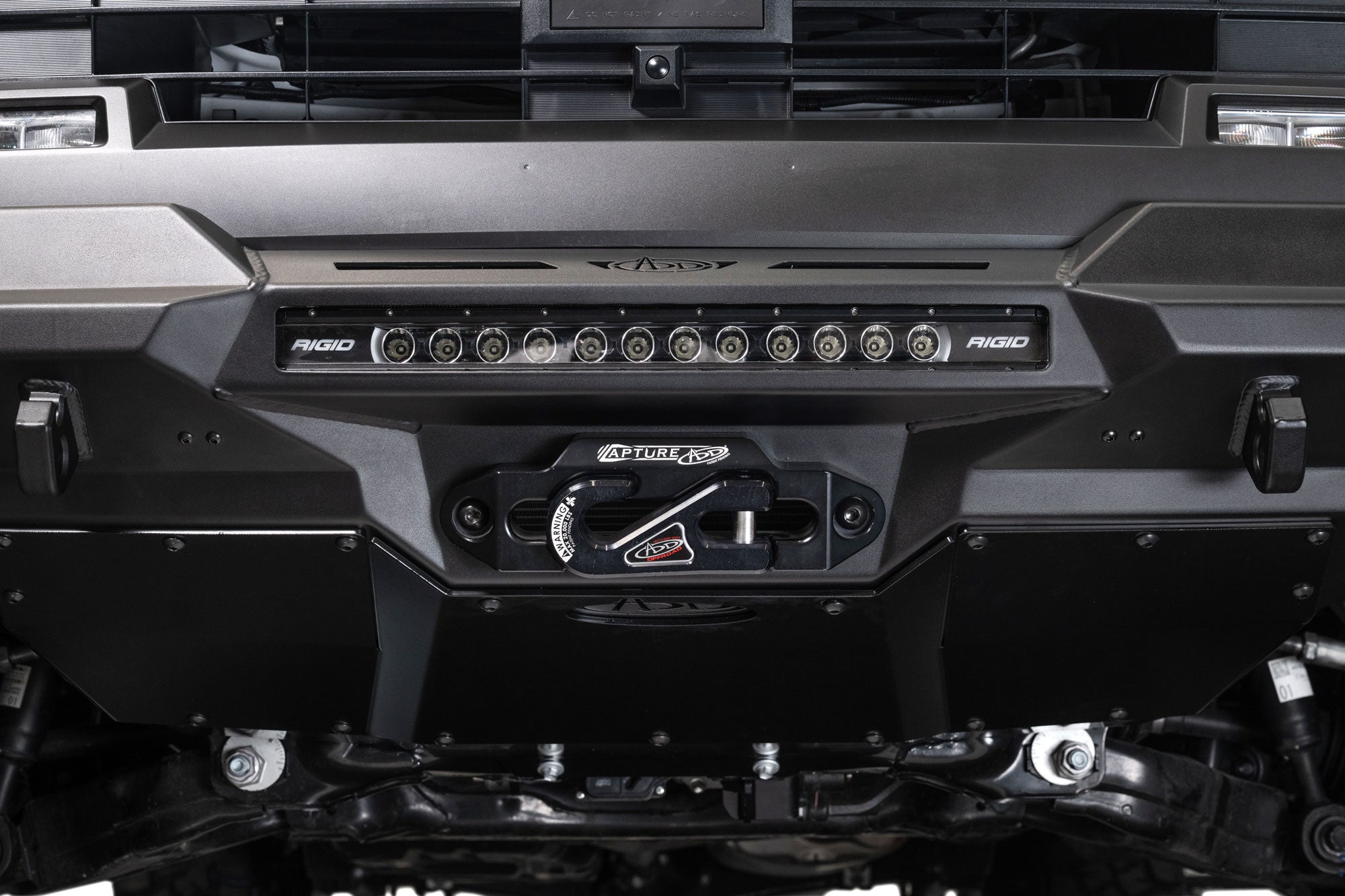 Close-up of 2025 Toyota 4Runner Stealth Center Mount Front Bumper with Rigid Industries lights