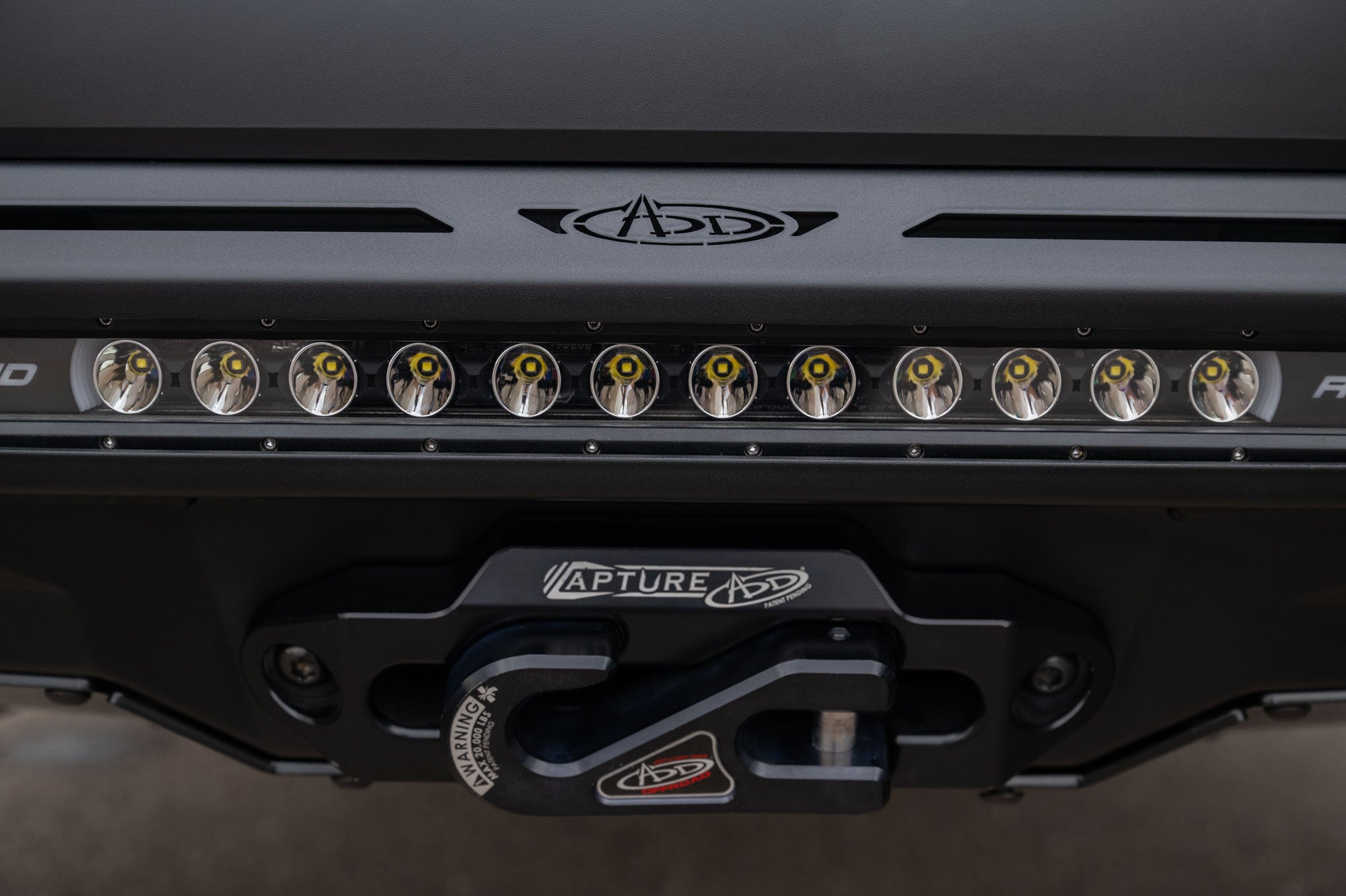 Close-up of a vehicle light bar with 2025 Toyota 4Runner Stealth Center Mount Front Bumper