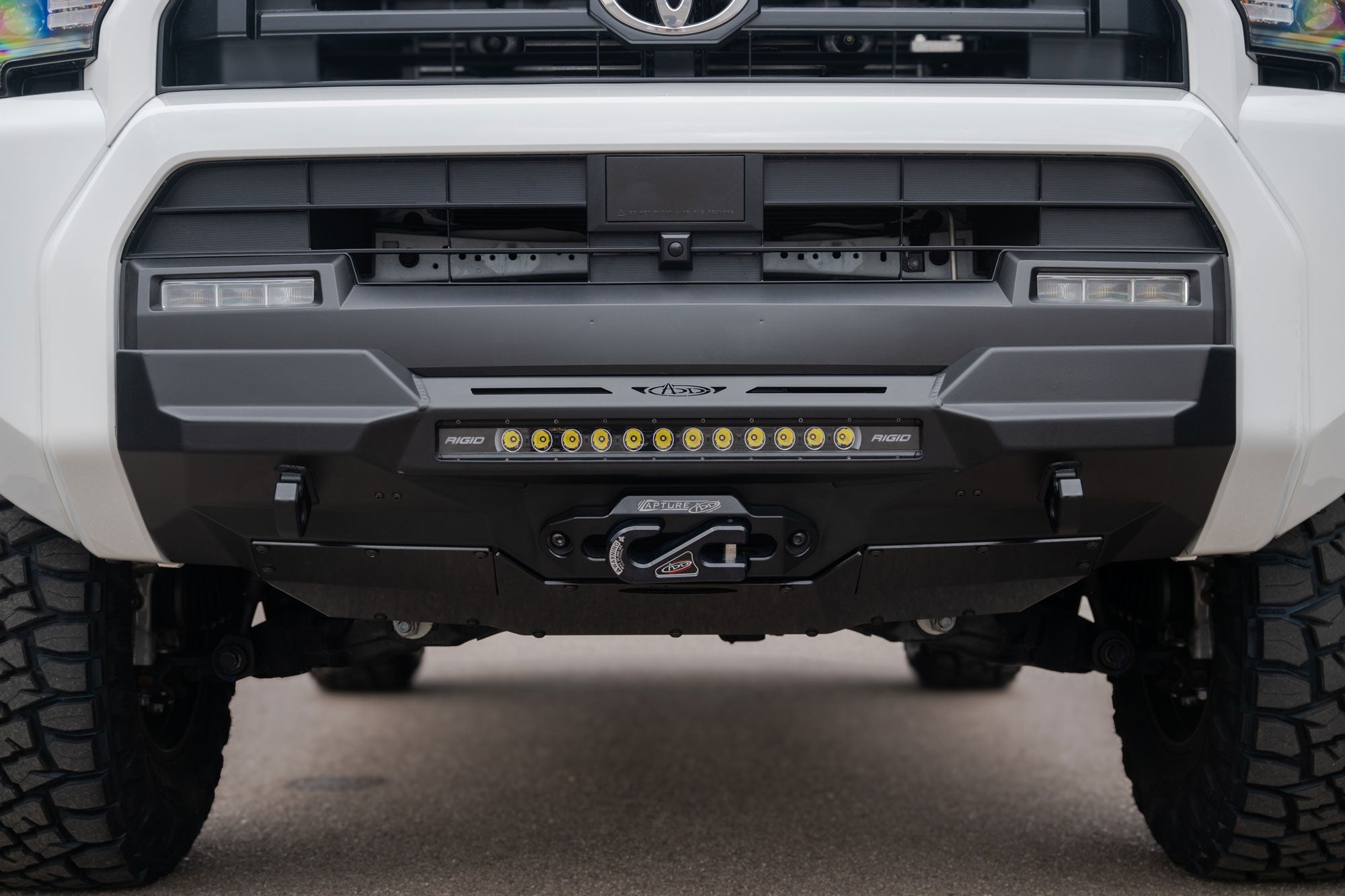 Close-up of a 2025 Toyota 4Runner Stealth Center Mount Front Bumper