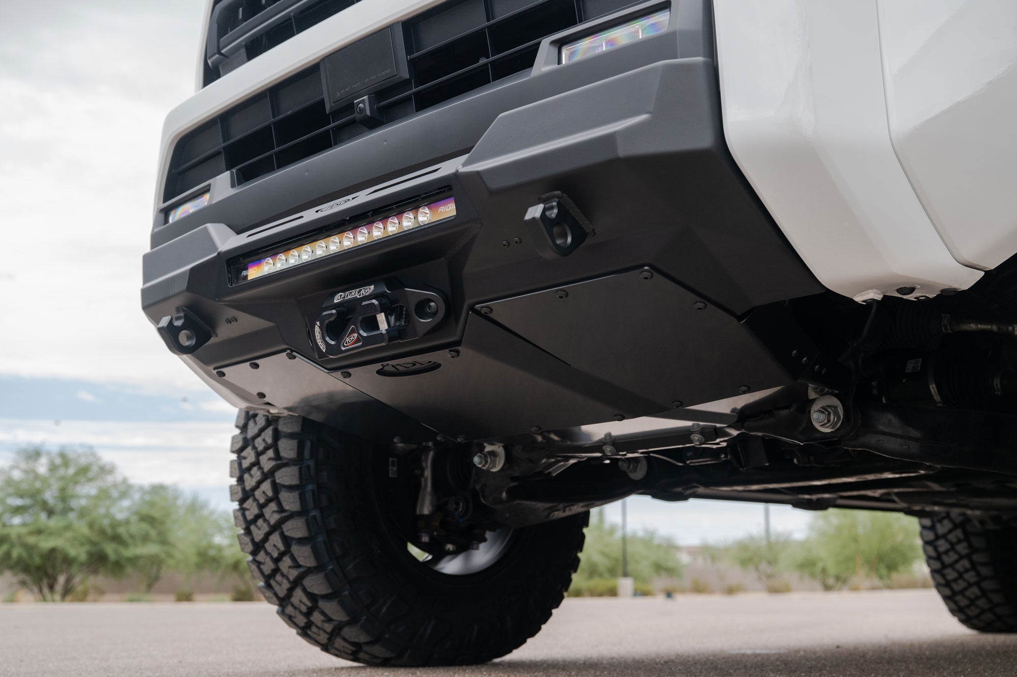 Close-up of a 2025 Toyota 4Runner Skid Plate for Stealth Front Bumper on a cloudy day.