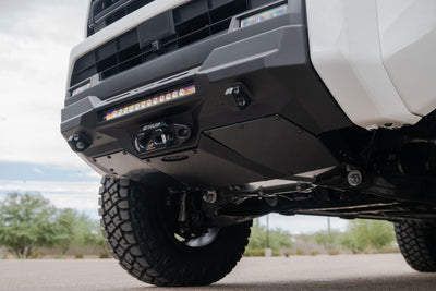 Close-up of a 2025 Toyota 4Runner Skid Plate for Stealth Front Bumper on a cloudy day.