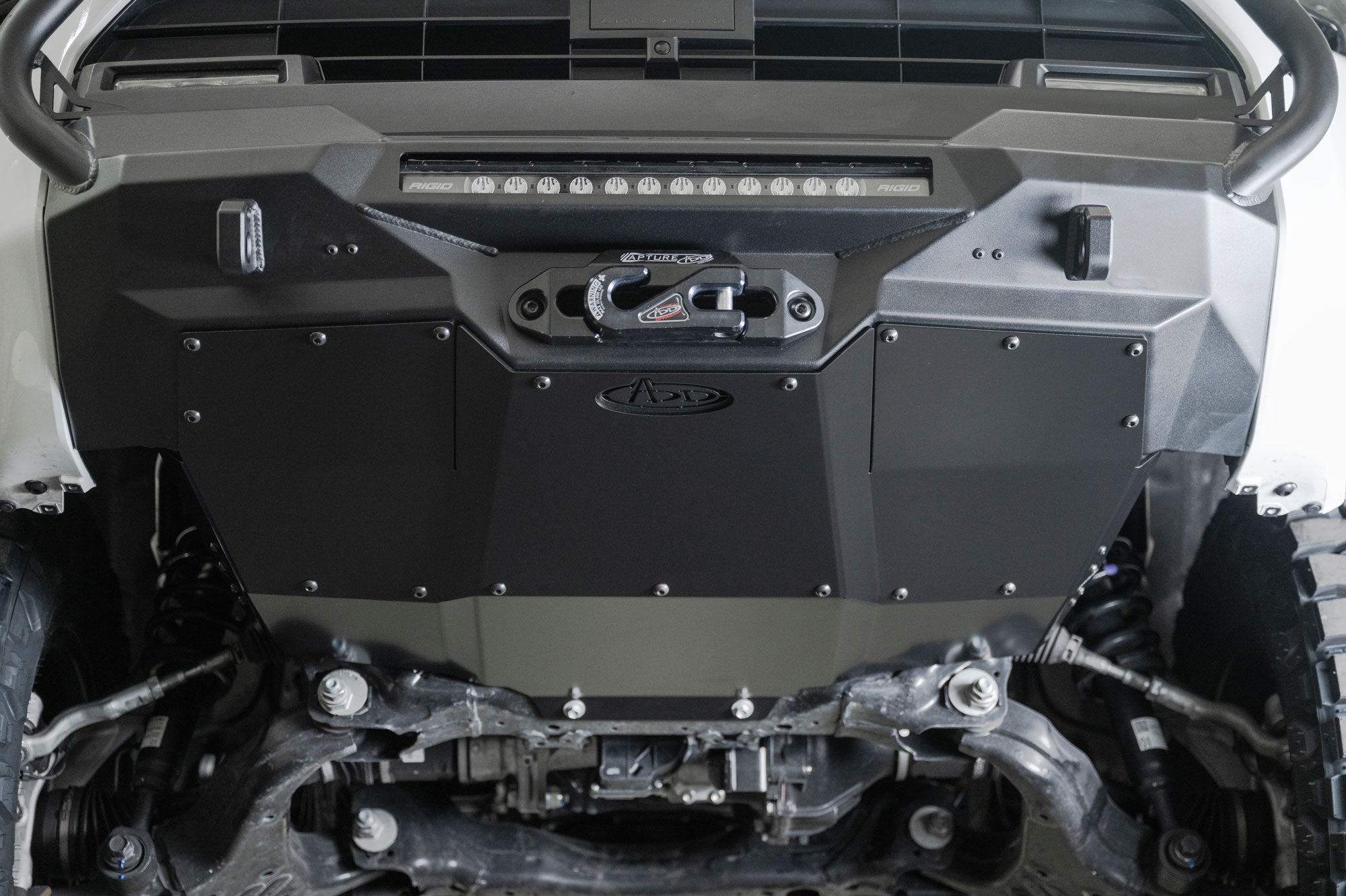 Direct low-angle shot of 2025 Toyota 4Runner Skid Plate for Stealth Front Bumper