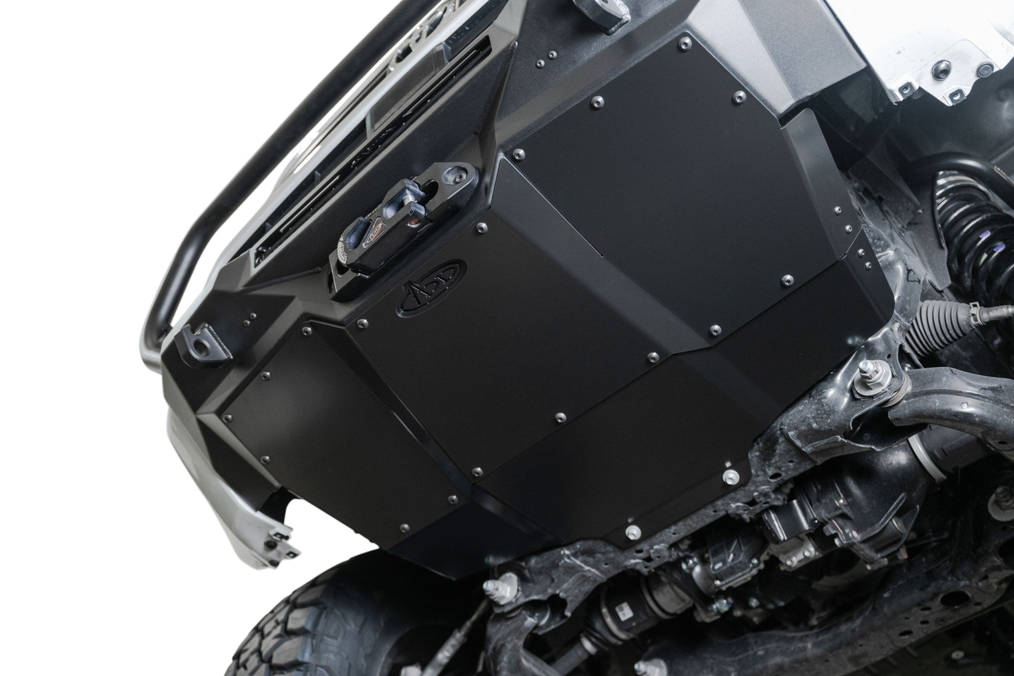 With Skid plate on the 2025 Toyota 4Runner Stealth Center Mount Front Bumper with Top Hoop