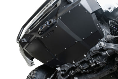 With Skid plate on the 2025 Toyota 4Runner Stealth Center Mount Front Bumper with Top Hoop