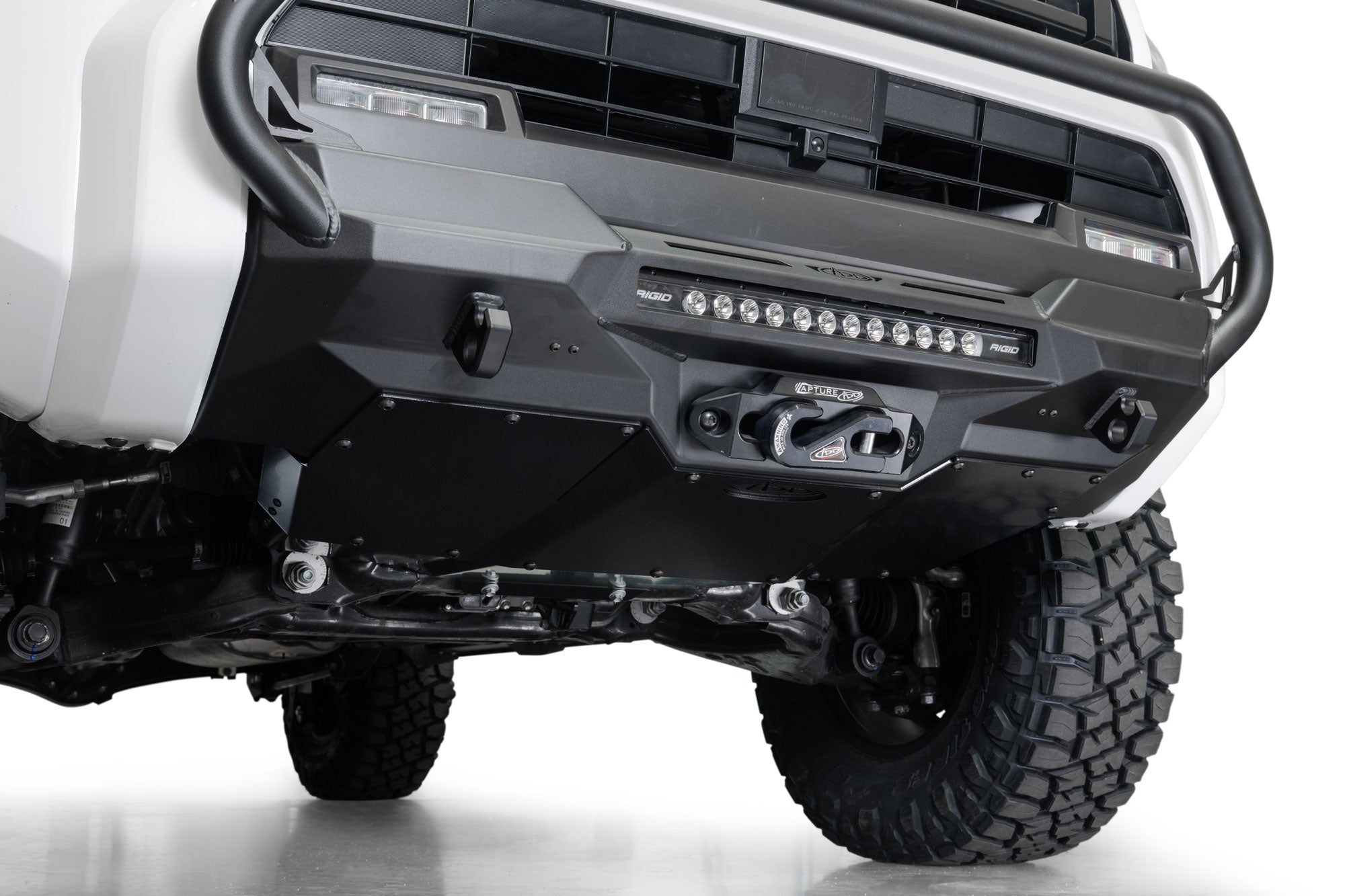 Close-up of 2025 Toyota 4Runner Stealth Center Mount Front Bumper with Top Hoop on a white background