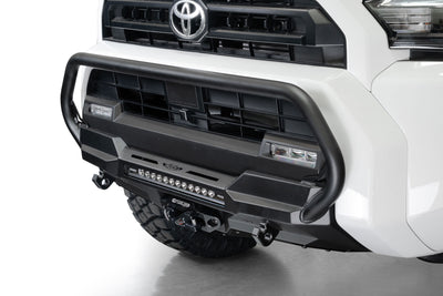 Close-up of a 2025 Toyota 4Runner Stealth Center Mount Front Bumper with Top Hoop on a white background