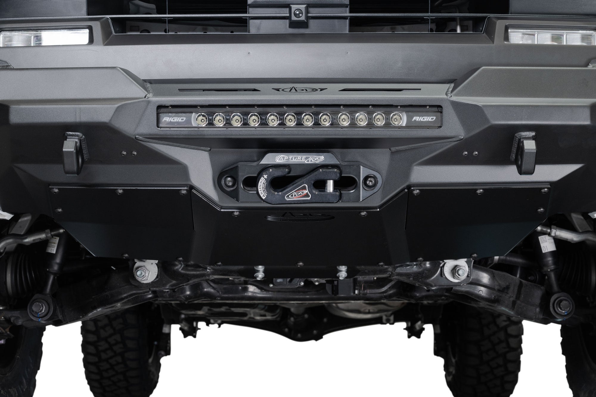 Close-up of 2025 Toyota 4Runner Stealth Center Mount Front Bumper with Top Hoop light and winch on a white background