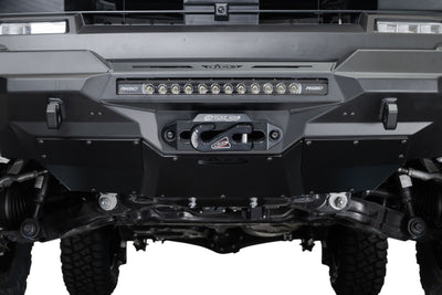 Close-up of 2025 Toyota 4Runner Stealth Center Mount Front Bumper with Top Hoop light and winch on a white background