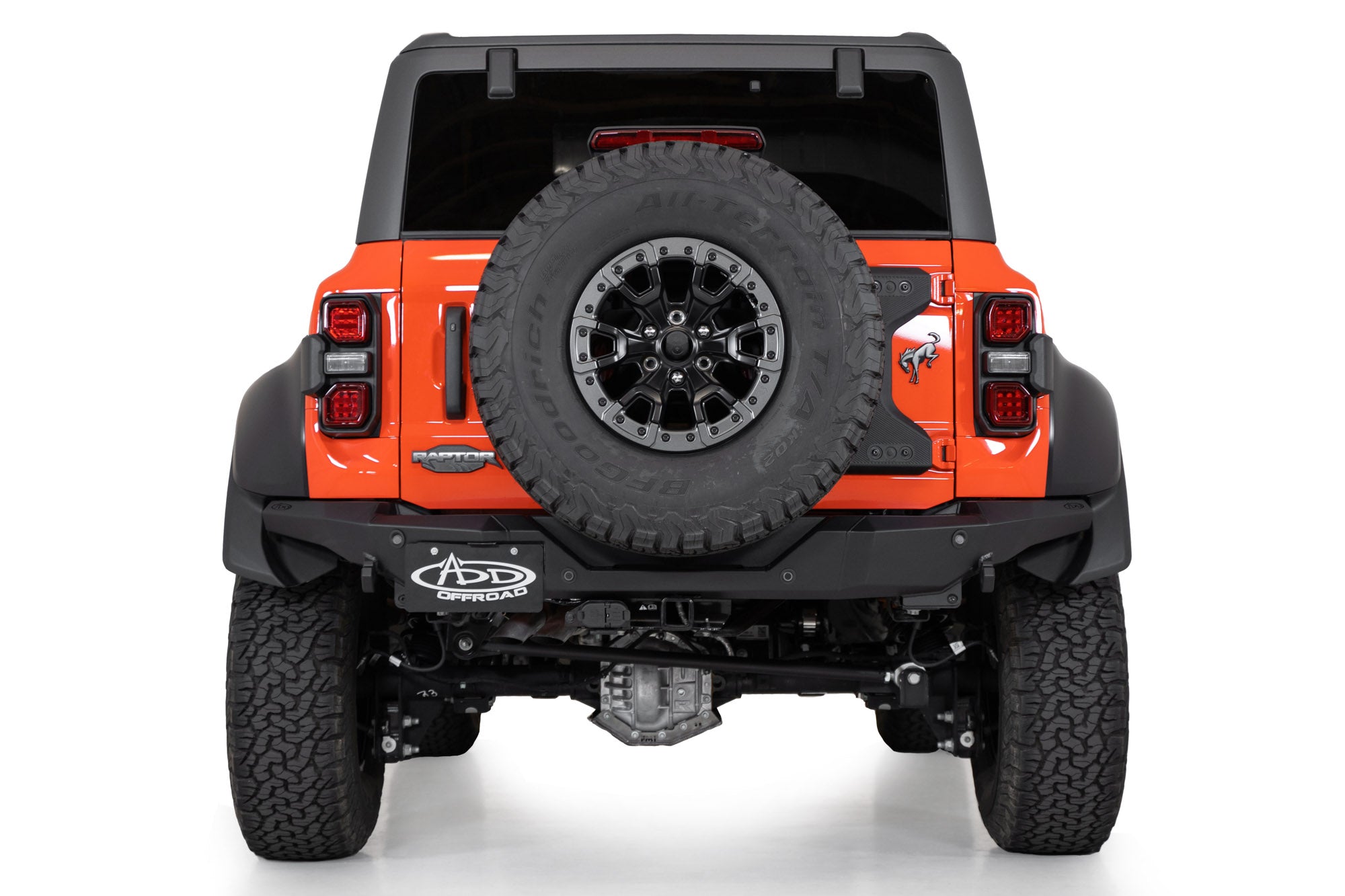 Bronco Raptor Rock Fighter Bumper with the OEM mudflaps still installed.
