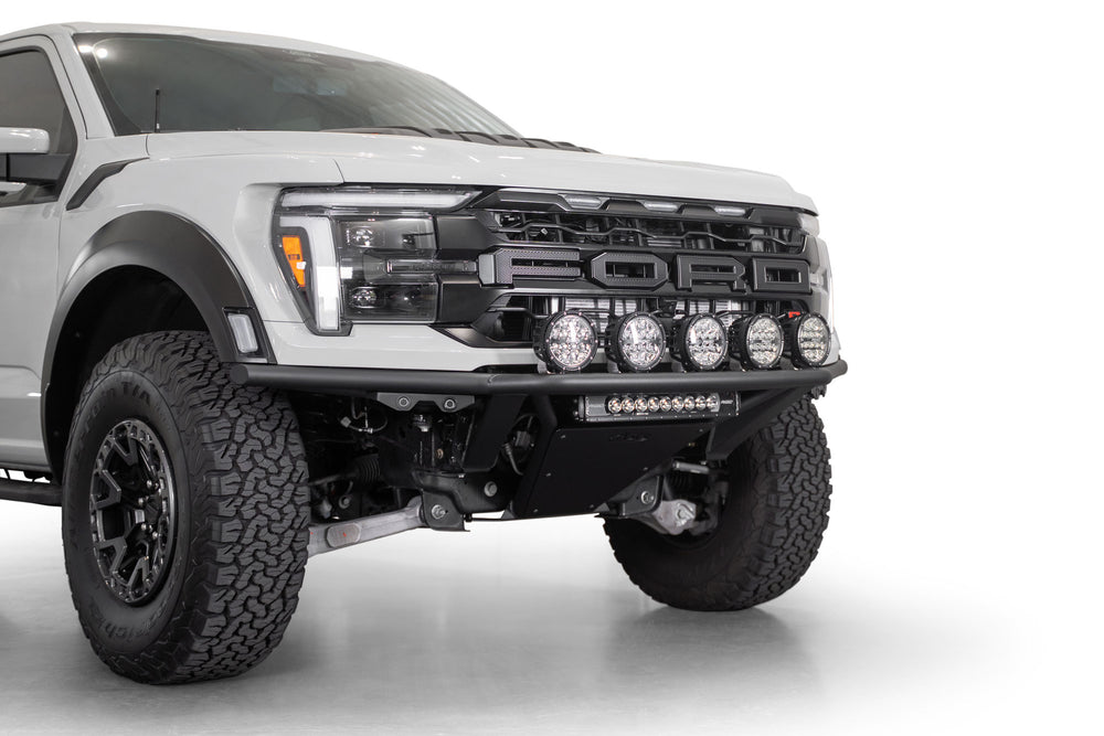 2021+ Ford F-150 Raptor Pro Plus Frame Cut Front Bumper installed on white Ford