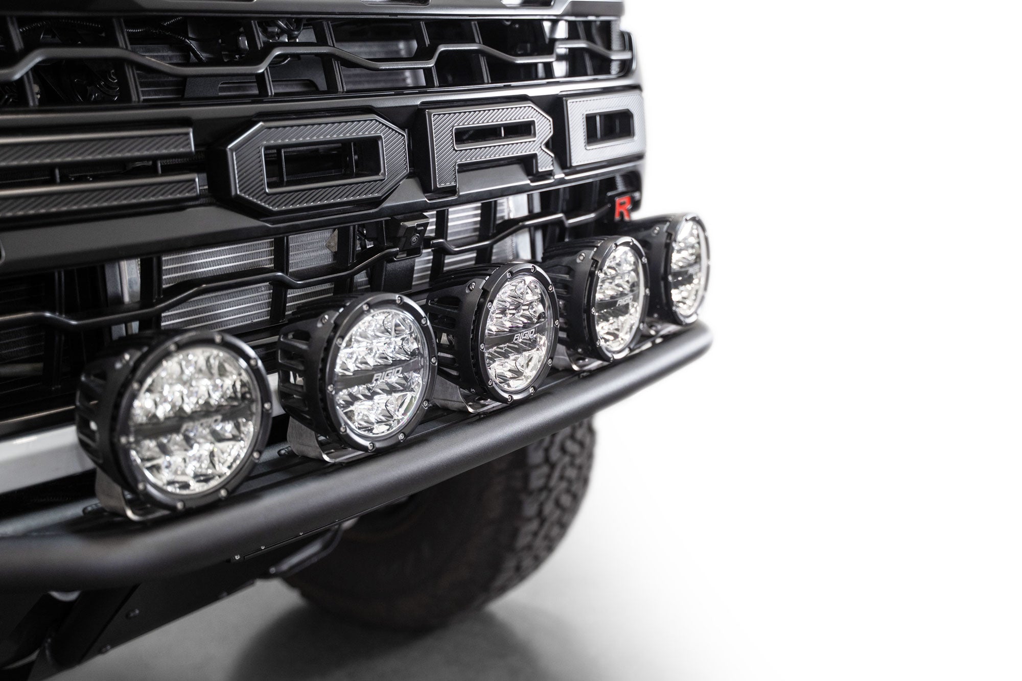 Installed 2021+ Ford F-150 Raptor Pro Plus Frame Cut Front Bumper with 5x round off road lights