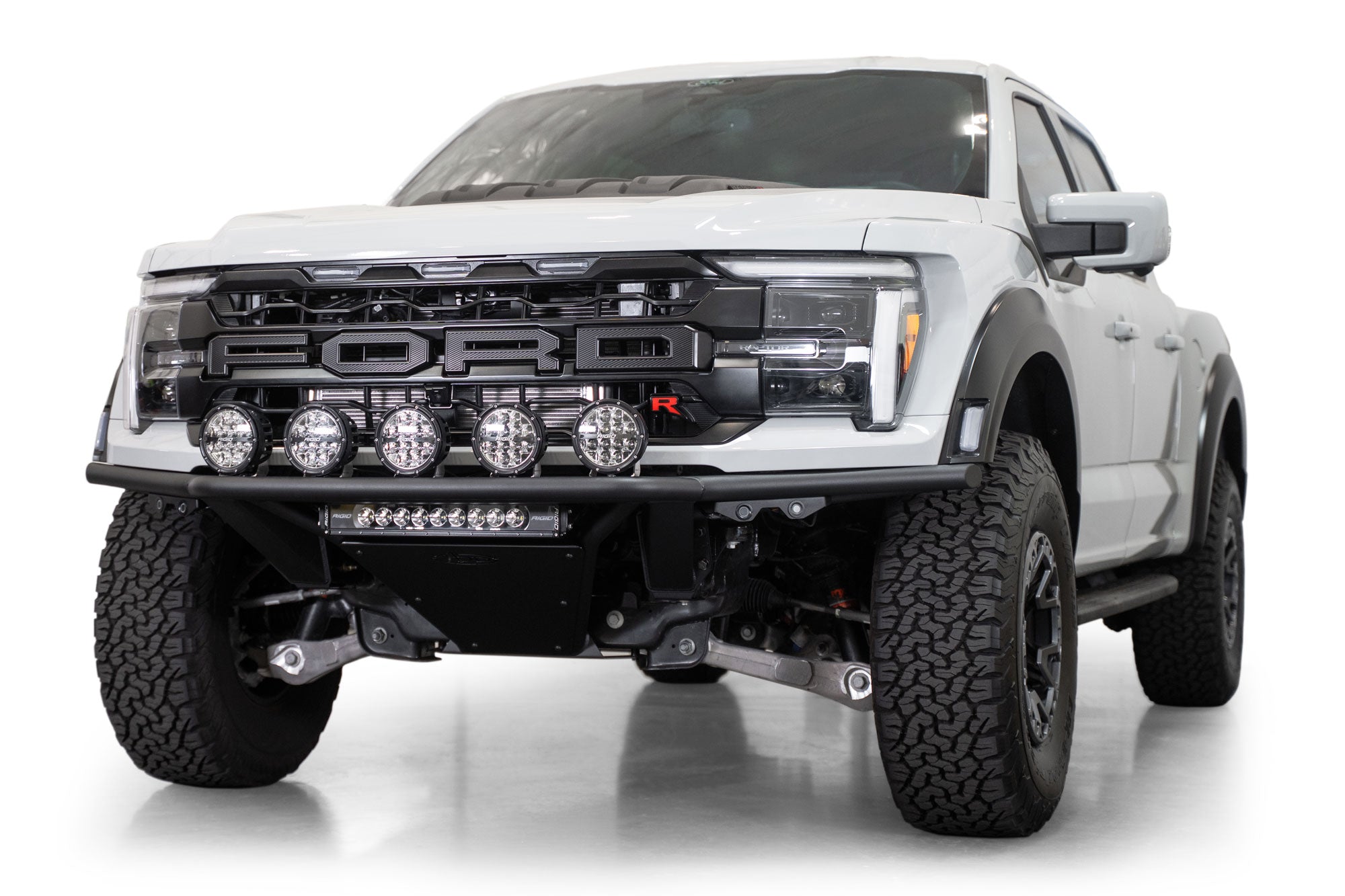 Front-angle view of the 2021+ Ford F-150 Raptor Pro Plus Frame Cut Front Bumper
