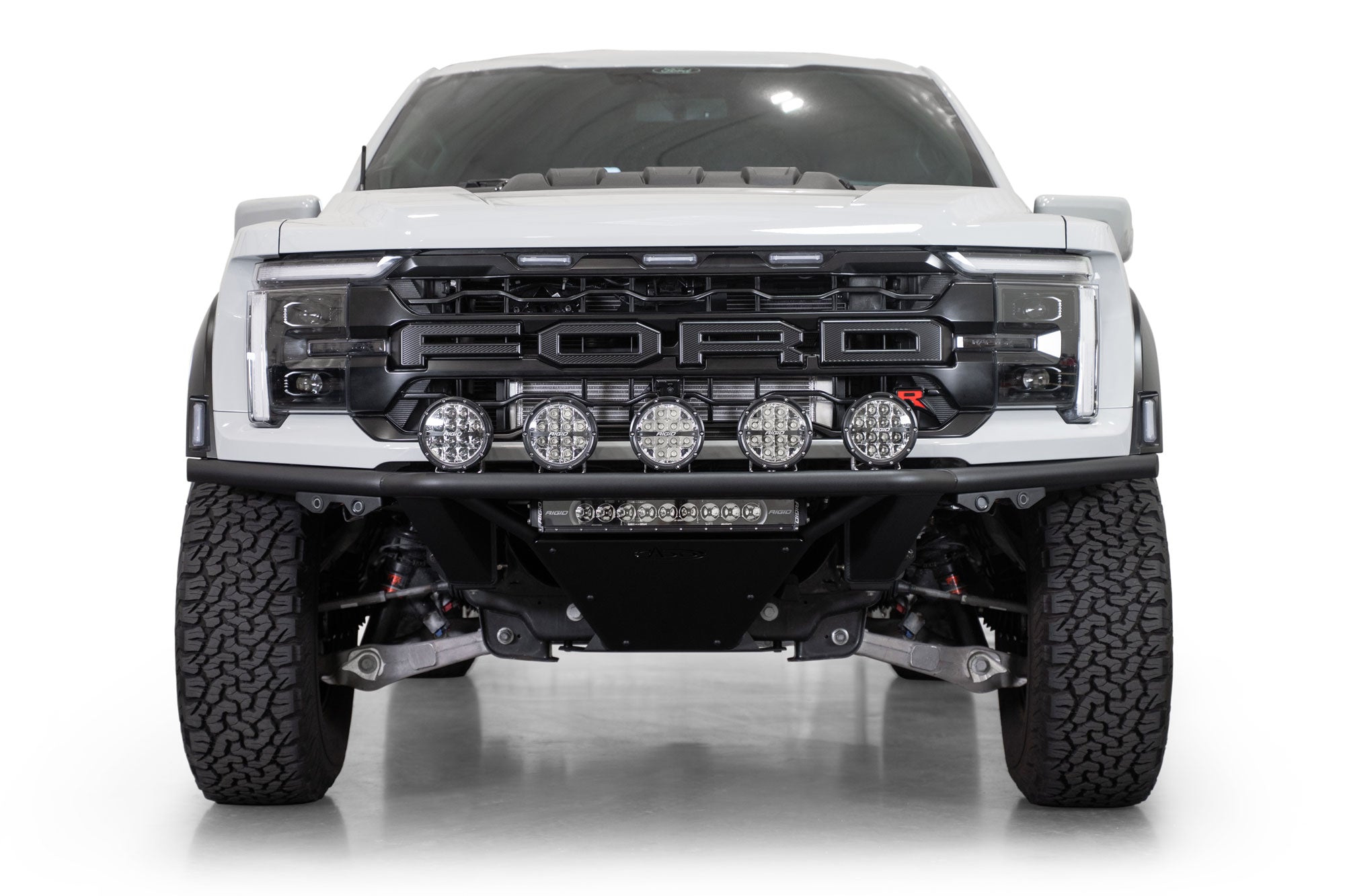 Front view of installed 2021+ Ford F-150 Raptor Pro Plus Frame Cut Front Bumper