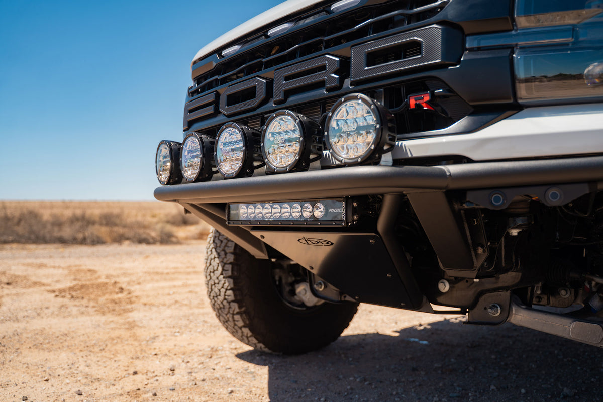 Rigid offroad lighting installed on the 2021+ Ford F-150 Raptor Pro Plus Frame Cut Front Bumper