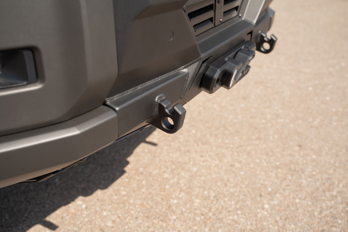 Close up view of Tow hook with place for D-ring on the Toyota Land Cruiser Stealth Center Mount Winch Front Bumper for 2024 and newer vehicles