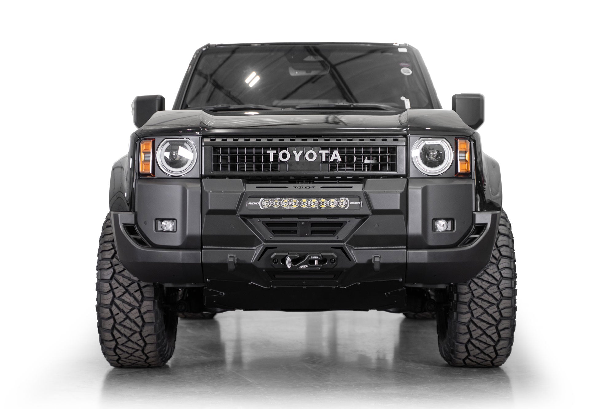 Front view of installed Toyota Land Cruiser Stealth Center Mount Winch Front Bumper for 2024 and newer vehicles