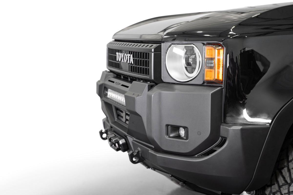 Profile view of installed Toyota Land Cruiser Stealth Center Mount Winch Front Bumper for 2024 and newer vehicles