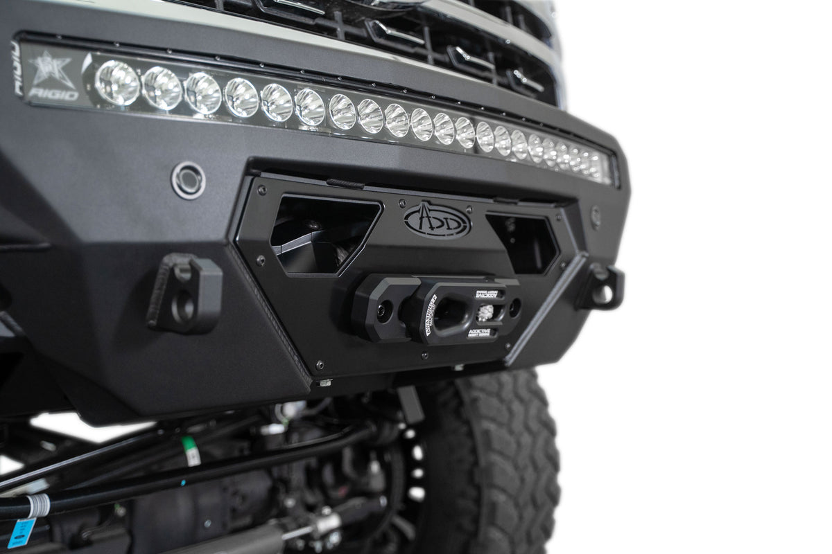 Hammer black and satin black powder coat panels on the 2023+ Ford Super Duty Stealth Fighter Front Bumper