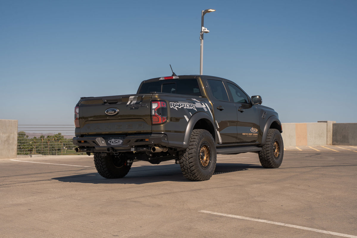 Full-truck view of the ADD Edge Rear Bumper for the Ford Ranger Raptor.