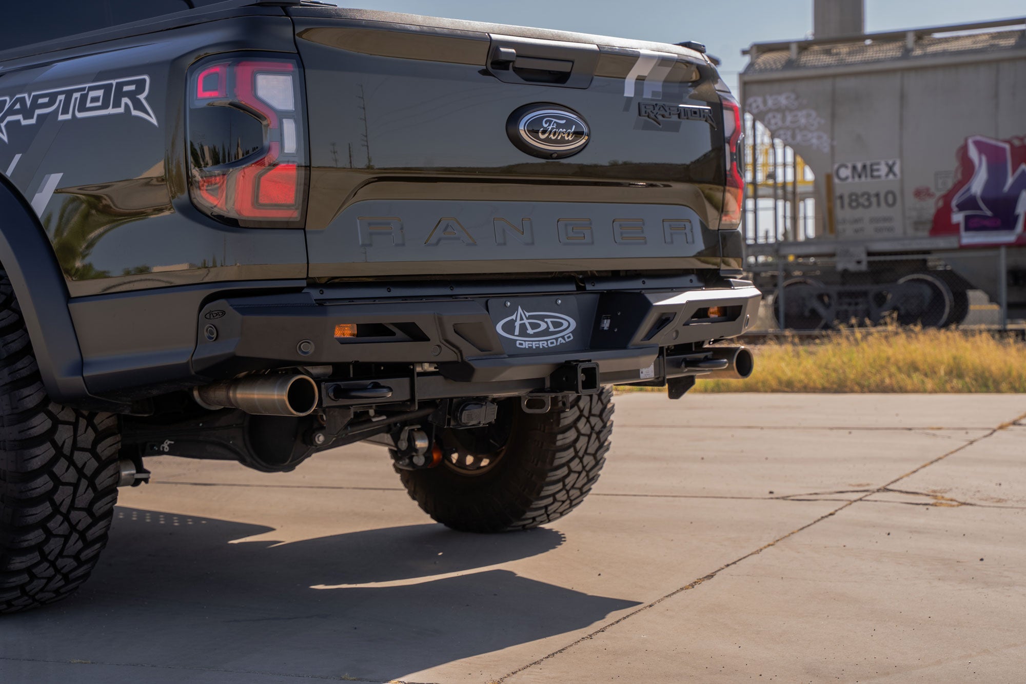 Light cutouts on the ADD Edge Rear Bumper for the Ford Ranger Raptor. Industrial lot locations.