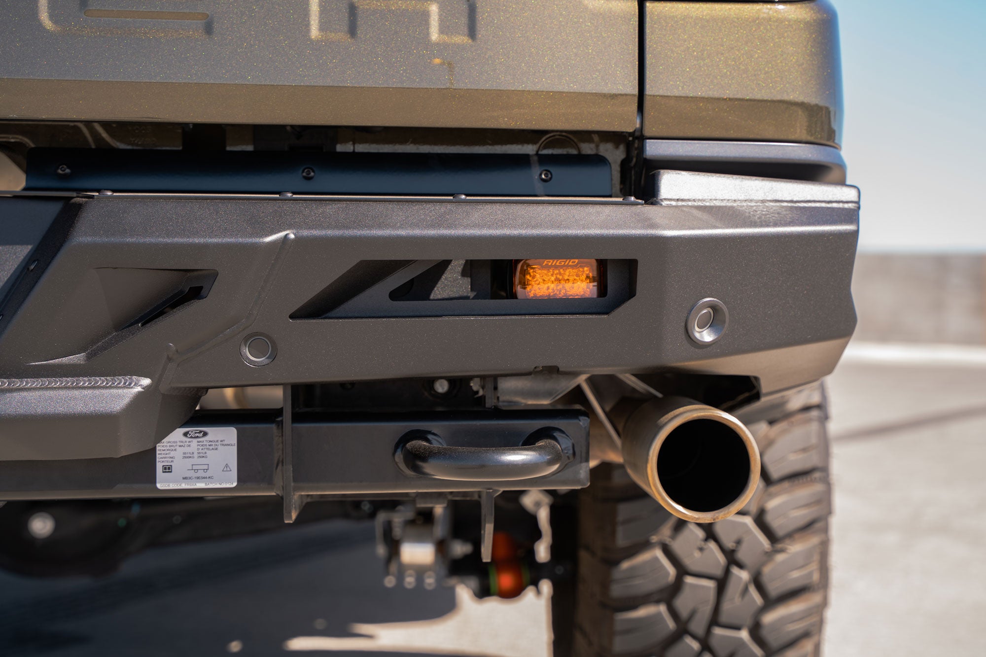 Amber light in the mounting point of the ADD Edge Rear Bumper for the Ford Ranger Raptor