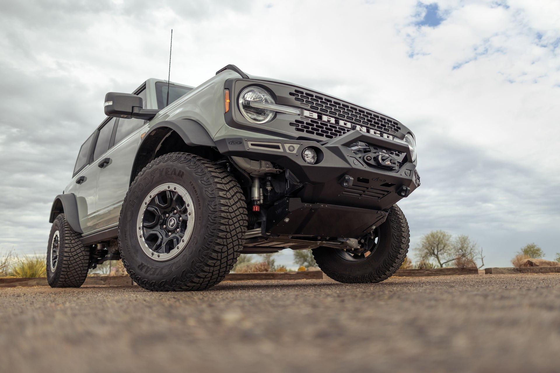 On the trail with the 2021-2023 Ford Bronco Krawler Front Bumper - Low Angle View