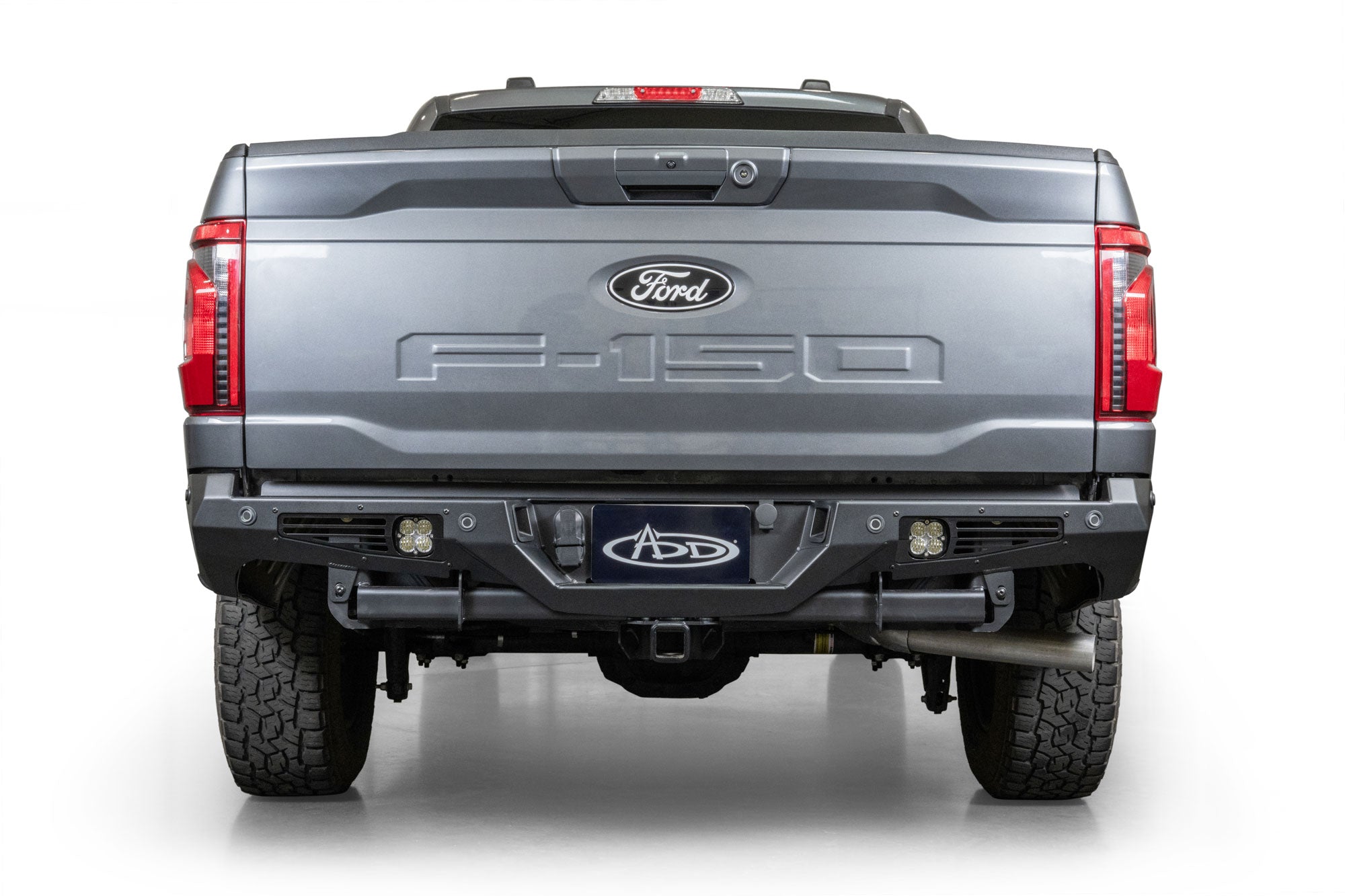 View of Ford F-150 Bomber Rear Bumper installed on grey Ford F-150