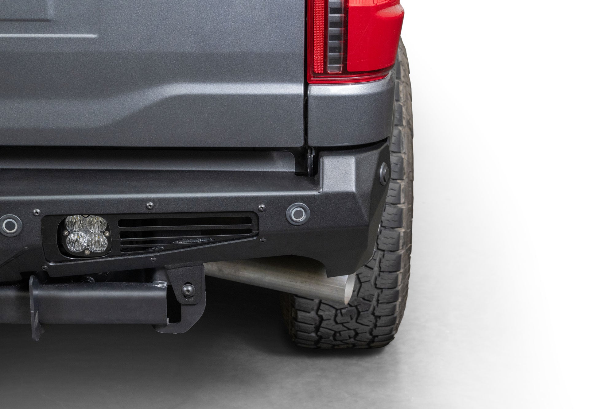 Close view of maintained factory sensor functionality on the 2024+ Ford F-150 Bomber Rear Bumper