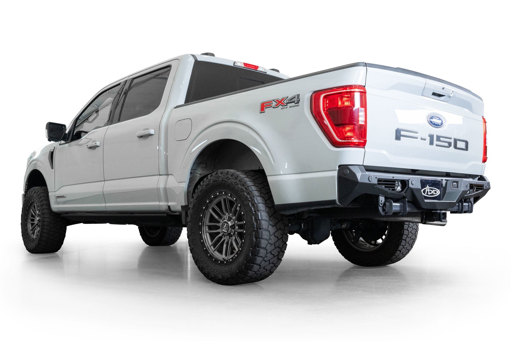 2021-2023 Ford F-150 Bomber Rear Bumper installed on white Ford F-150