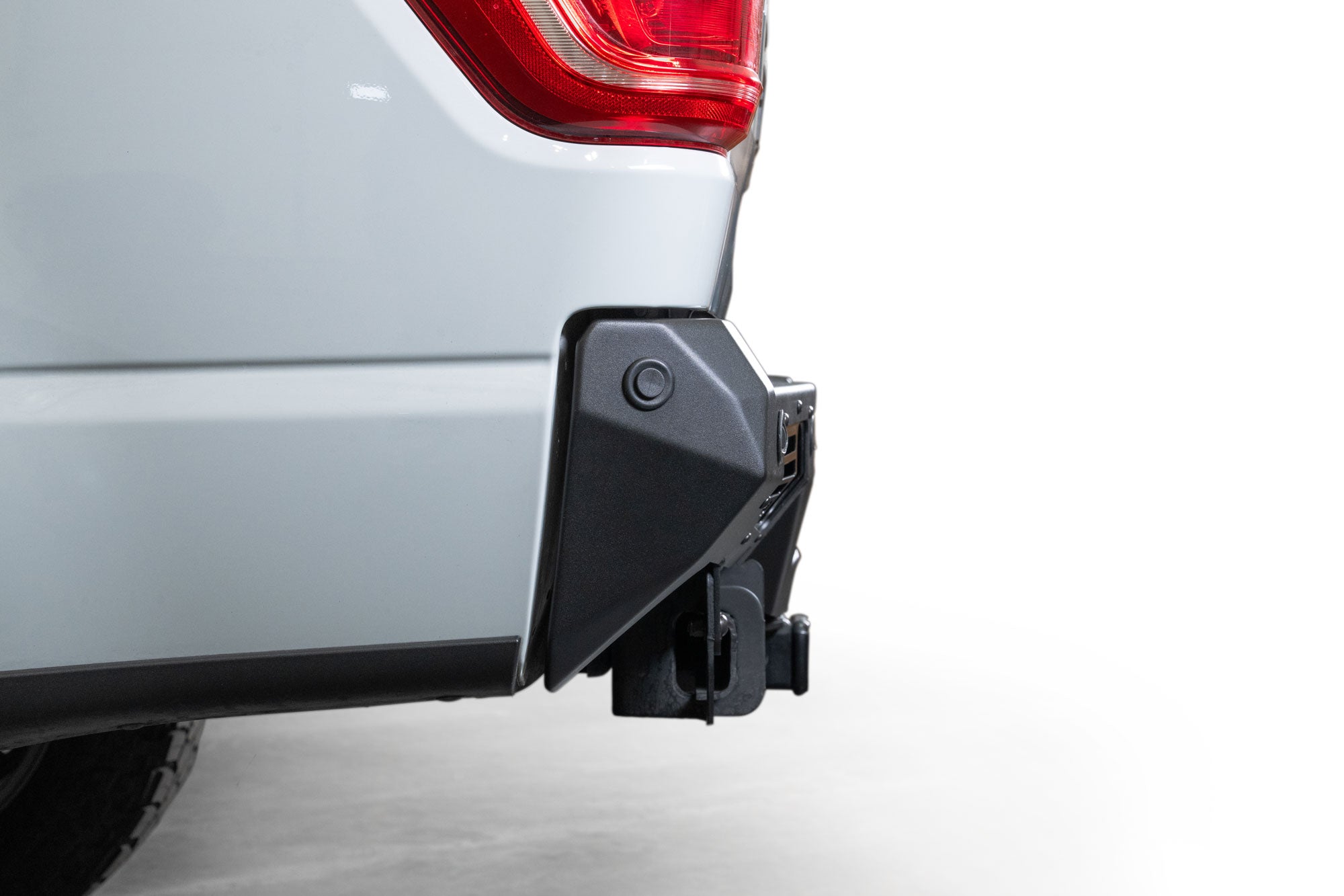Side profile view of installed Ford F-150 Bomber Rear Bumper for 2021-2023 models