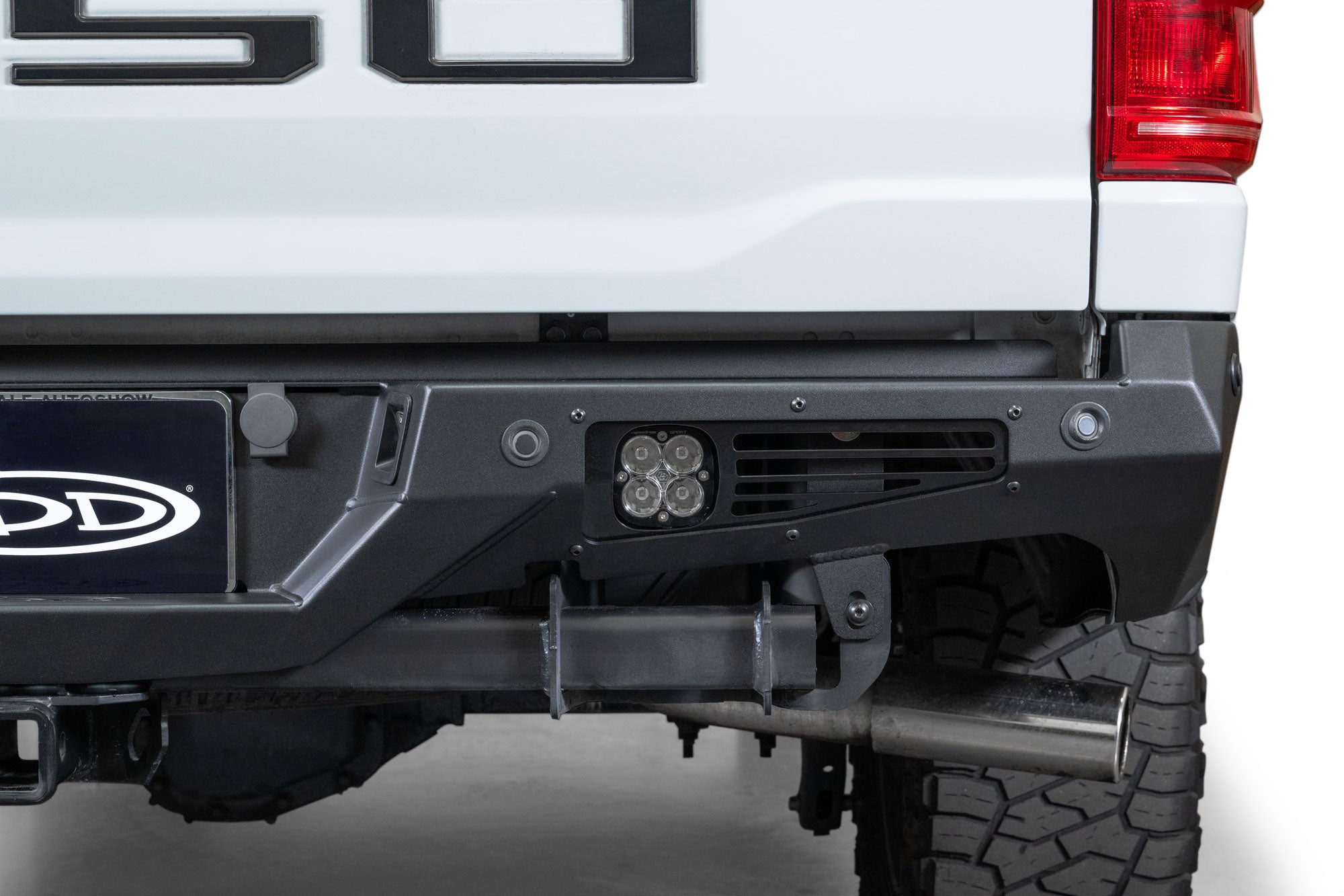 Detail shot of lighting provision cutout with Baja Designs light pod installed on the Ford F-150 Bomber Rear Bumper
