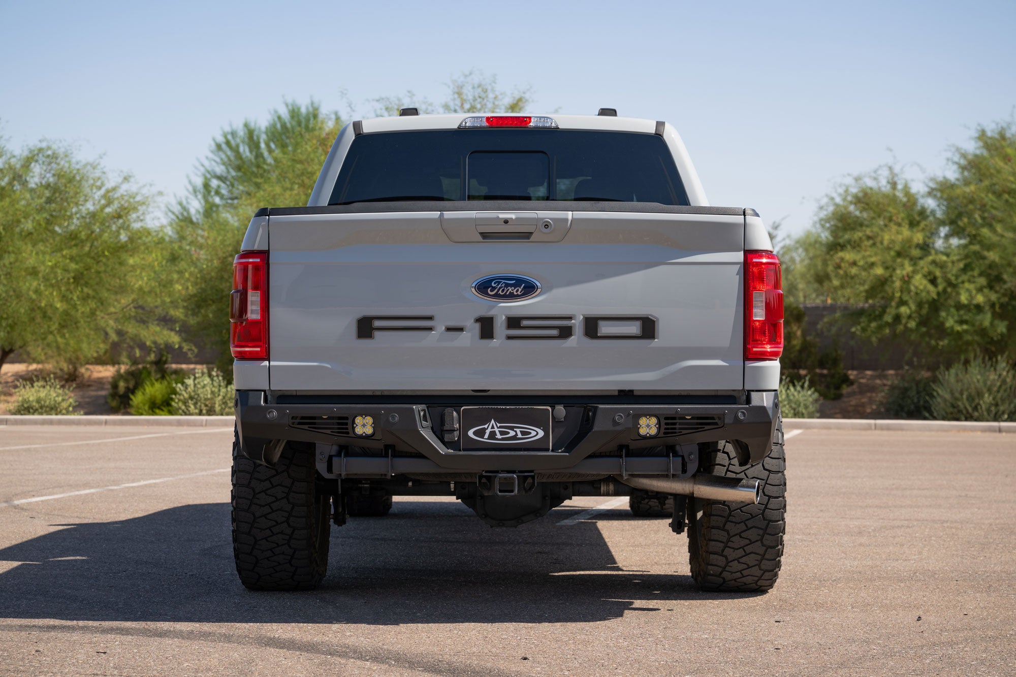 View of Ford F-150 Bomber Rear Bumper installed on trucked parked outside