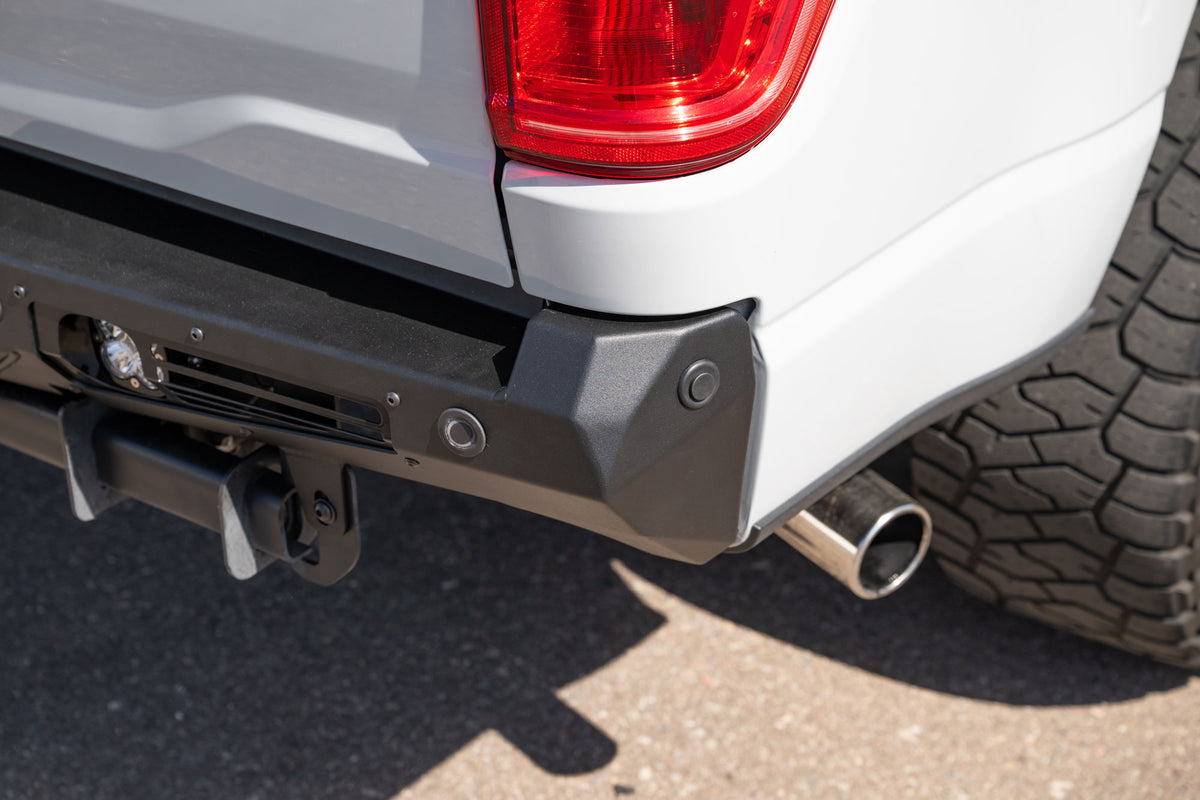 Close view of installed Ford F-150 Bomber Rear Bumper showing detail fitment and sensors for OEM functionality