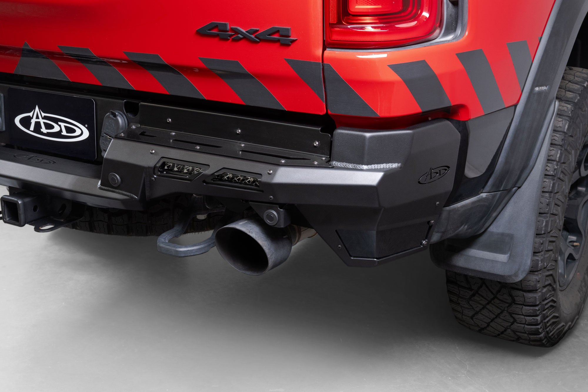 pulled back corner view of the 2025 Ram RHO Phantom Rear Bumper showing the fitment of the bumper.